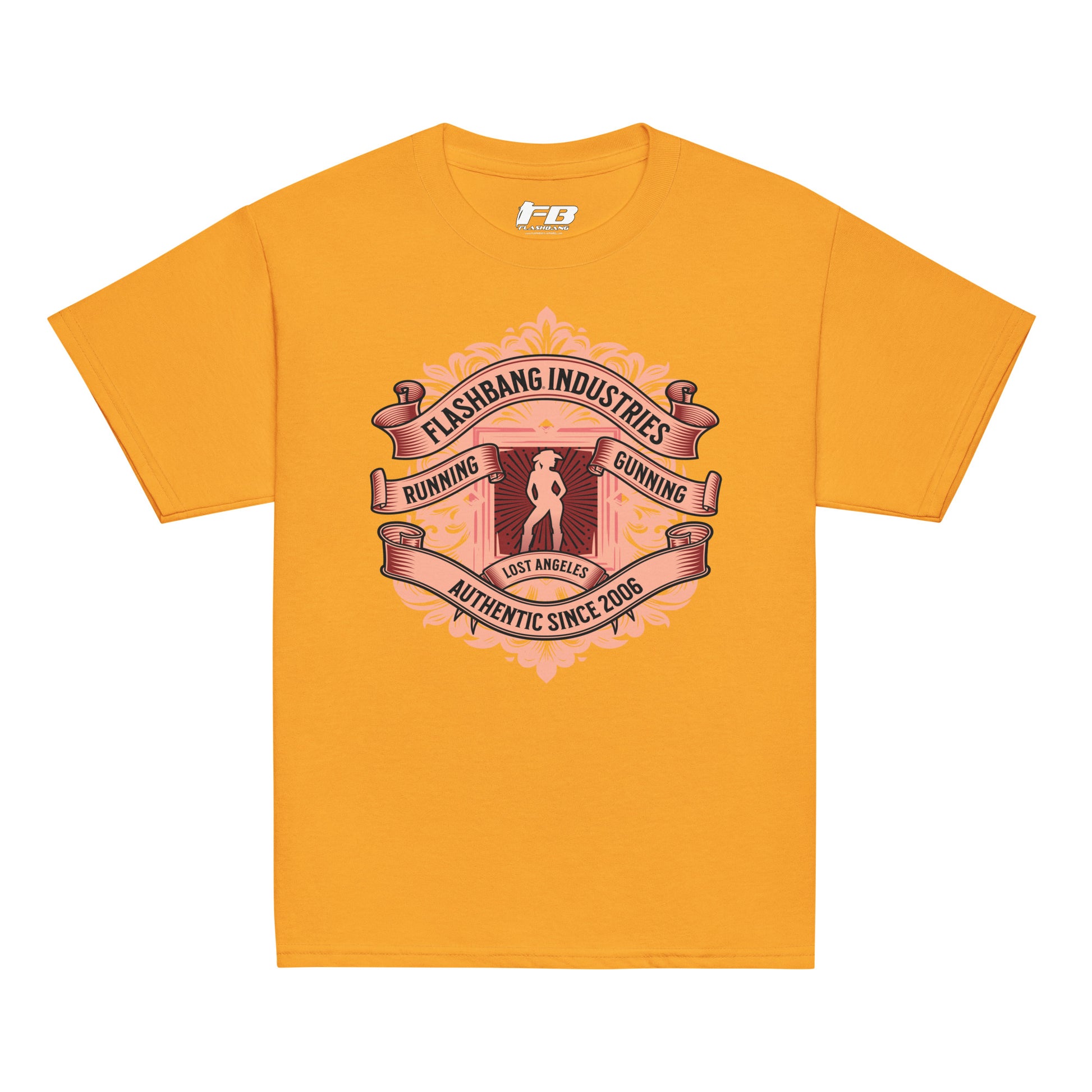 Yellow t-shirt with graphic design and text on a white background
