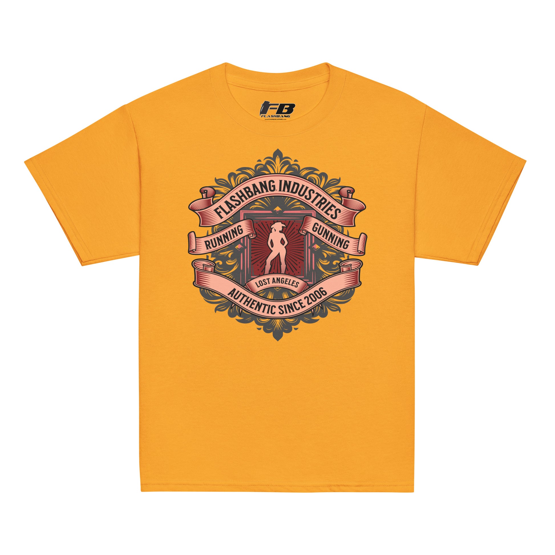Yellow t-shirt with graphic design and 'Flashbang Industries' branding on a white background