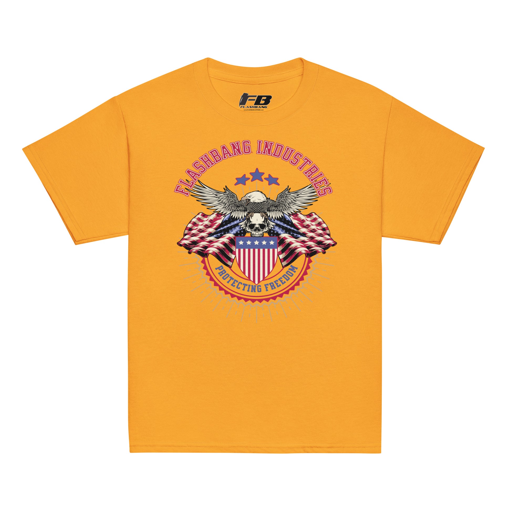 Yellow t-shirt with an eagle and American flag graphic on a white background