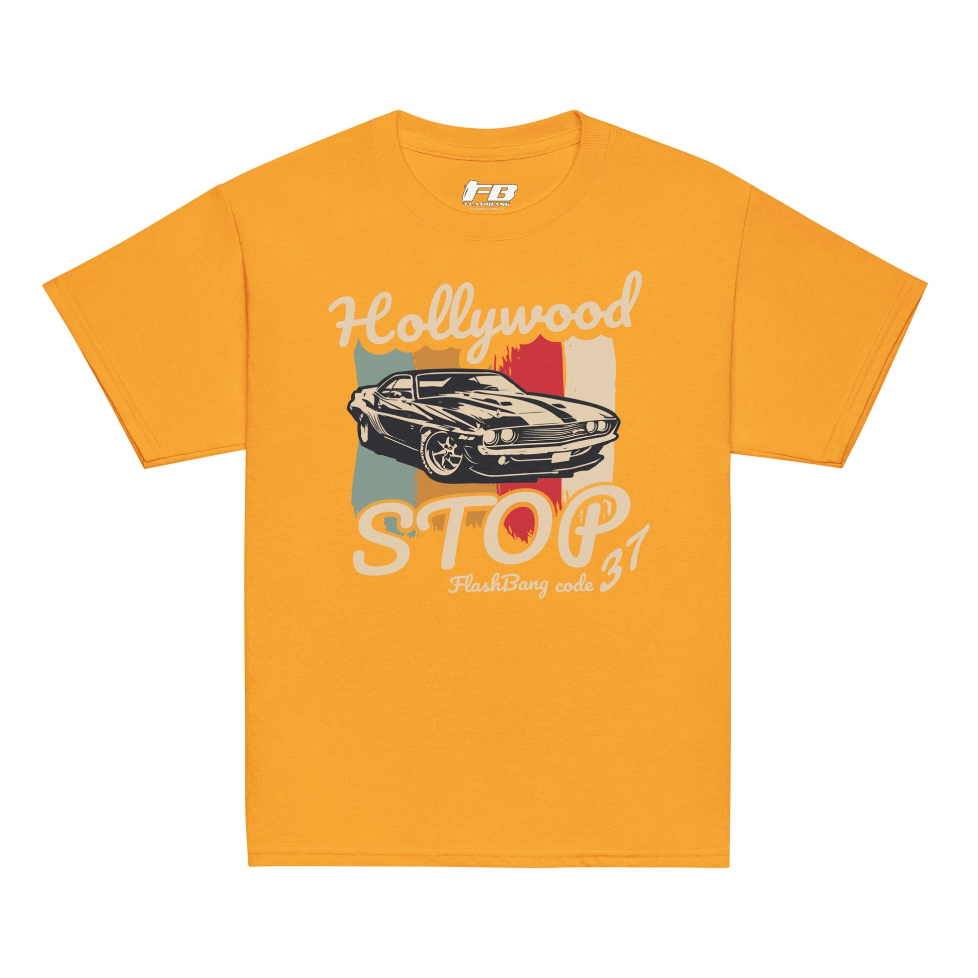 Orange t-shirt with a graphic of a car and text on a white background
