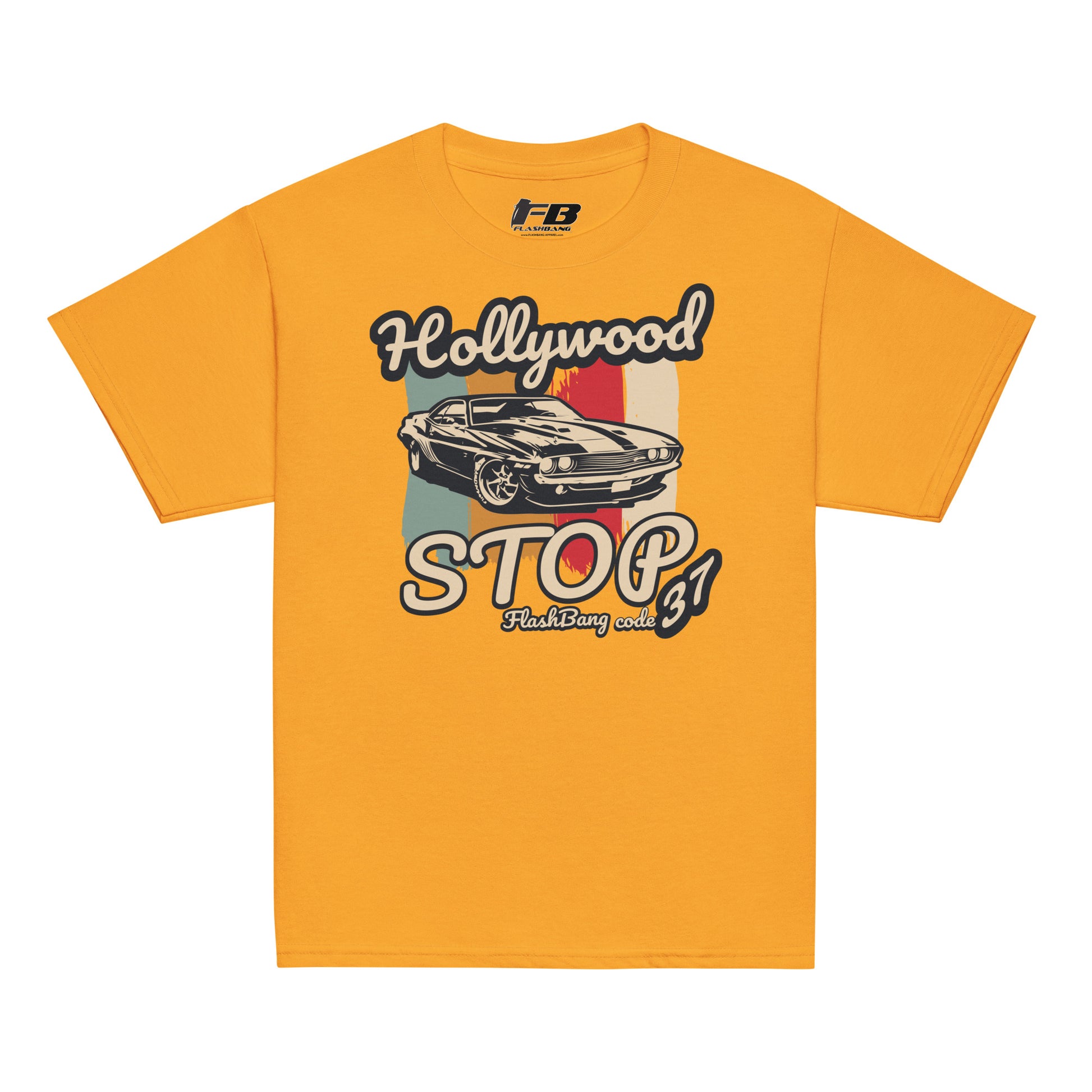 Yellow t-shirt with a graphic design of a car and text on a white background
