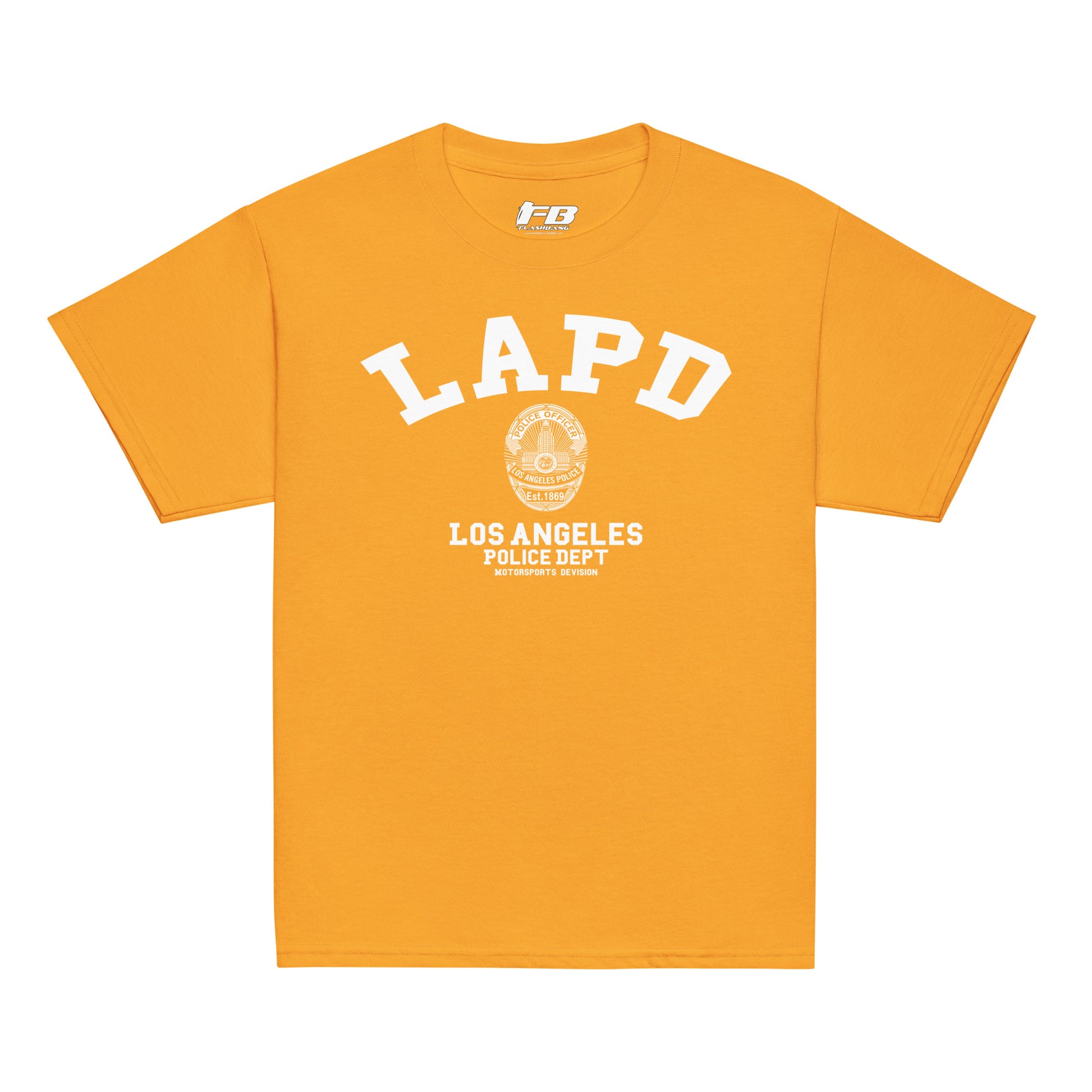 Orange t-shirt with LAPD Los Angeles Police Dept logo on a white background