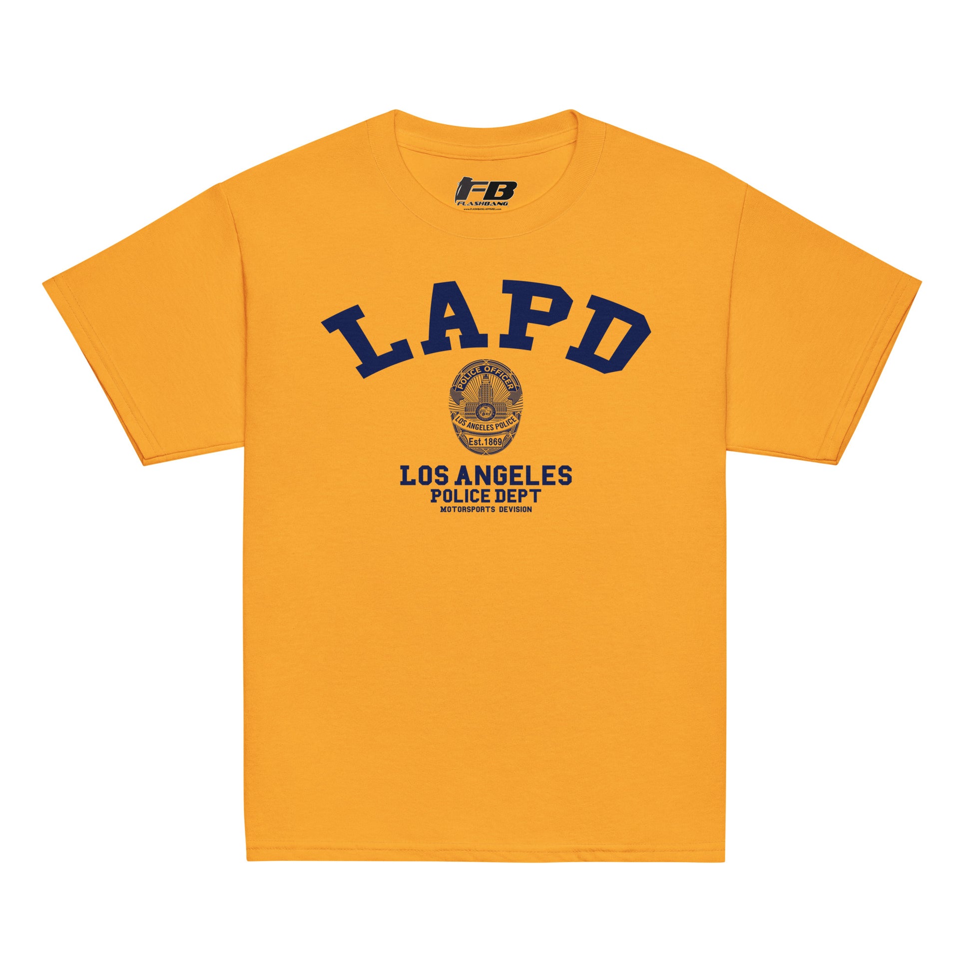 Yellow t-shirt with LAPD Los Angeles Police Dept logo on a white background