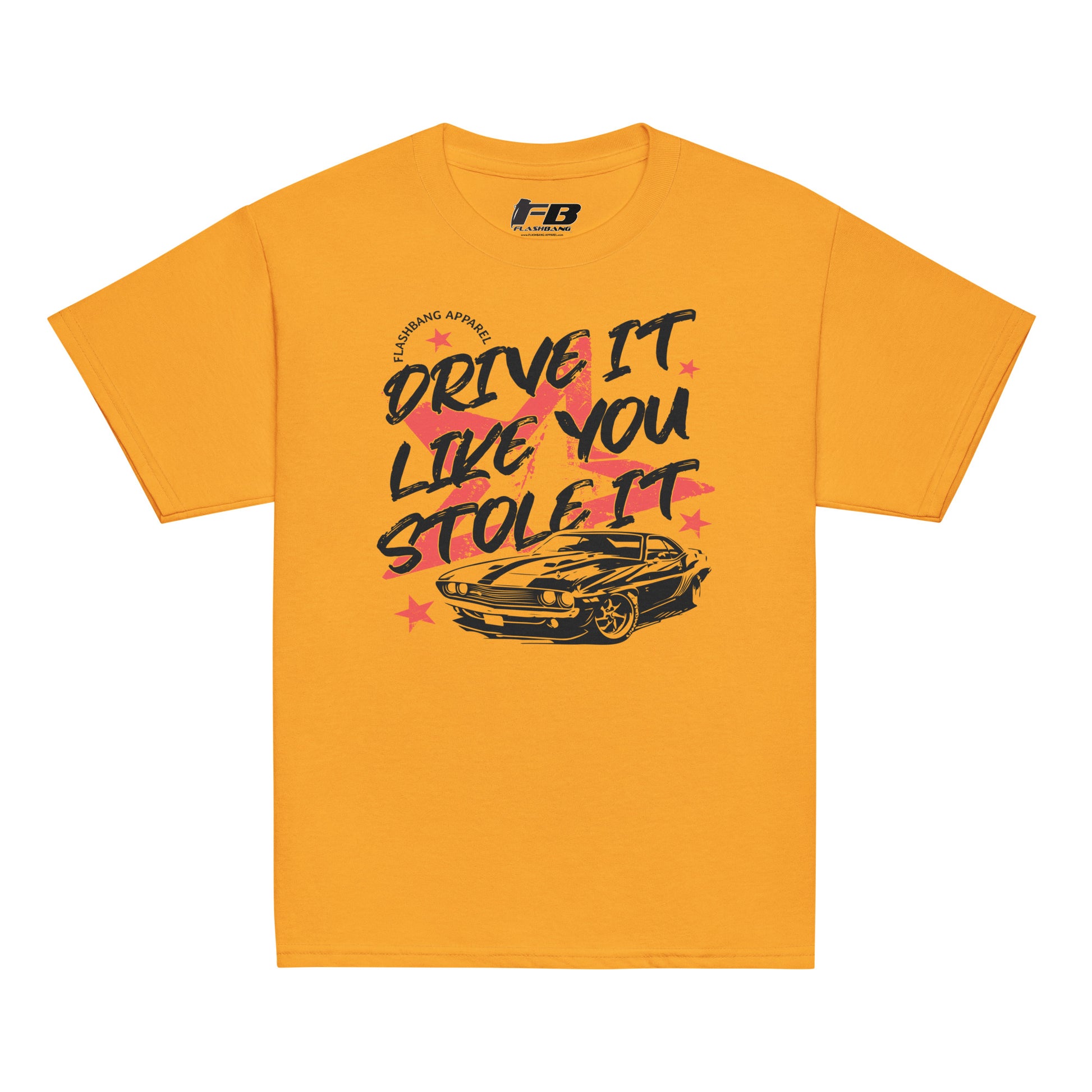 Yellow t-shirt with car graphic and text on a white background