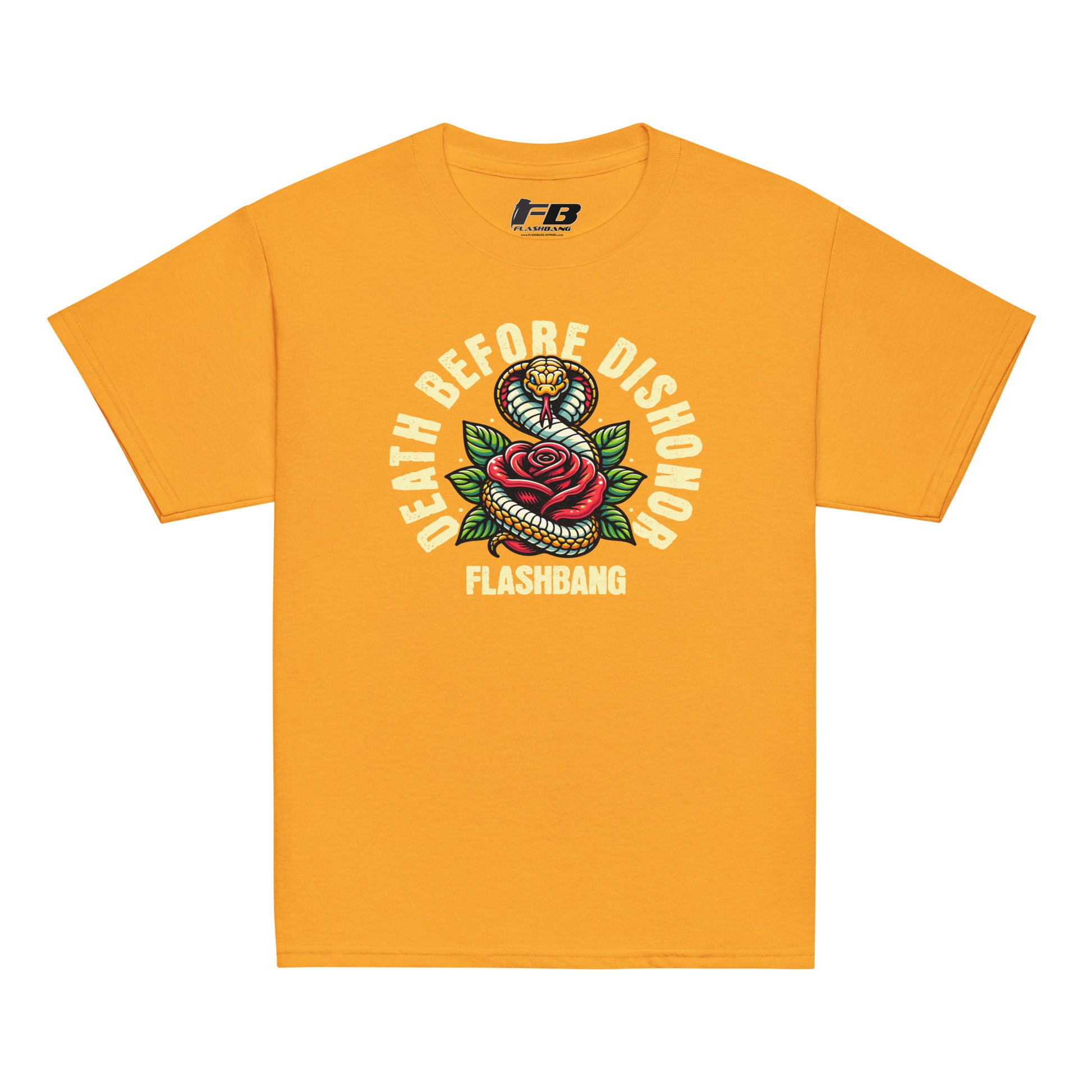 Yellow t-shirt with snake and rose graphic and 'Flashbang' branding on a white background