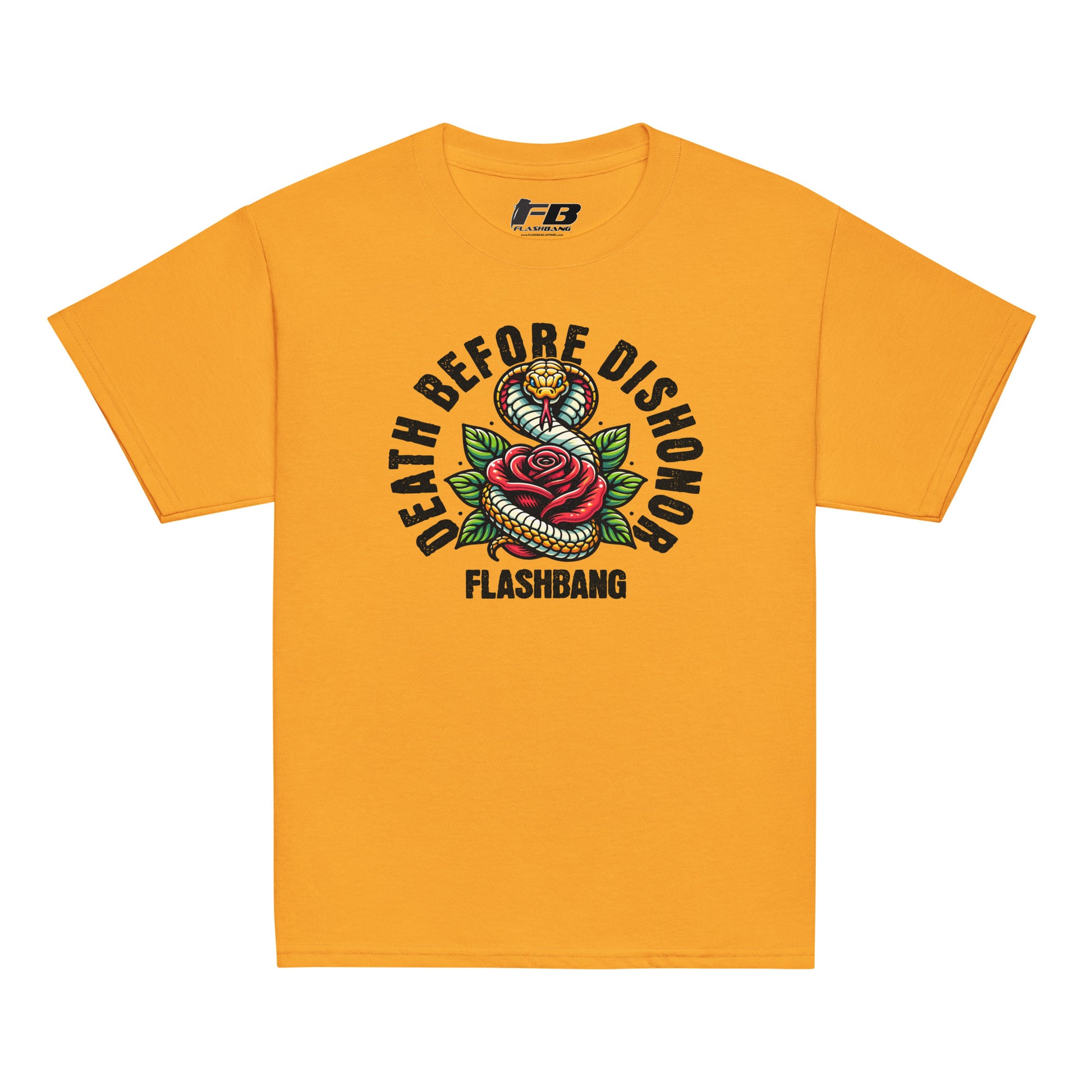 Yellow t-shirt with 'Death Before Dishonor' graphic and Flashbang logo on a white background