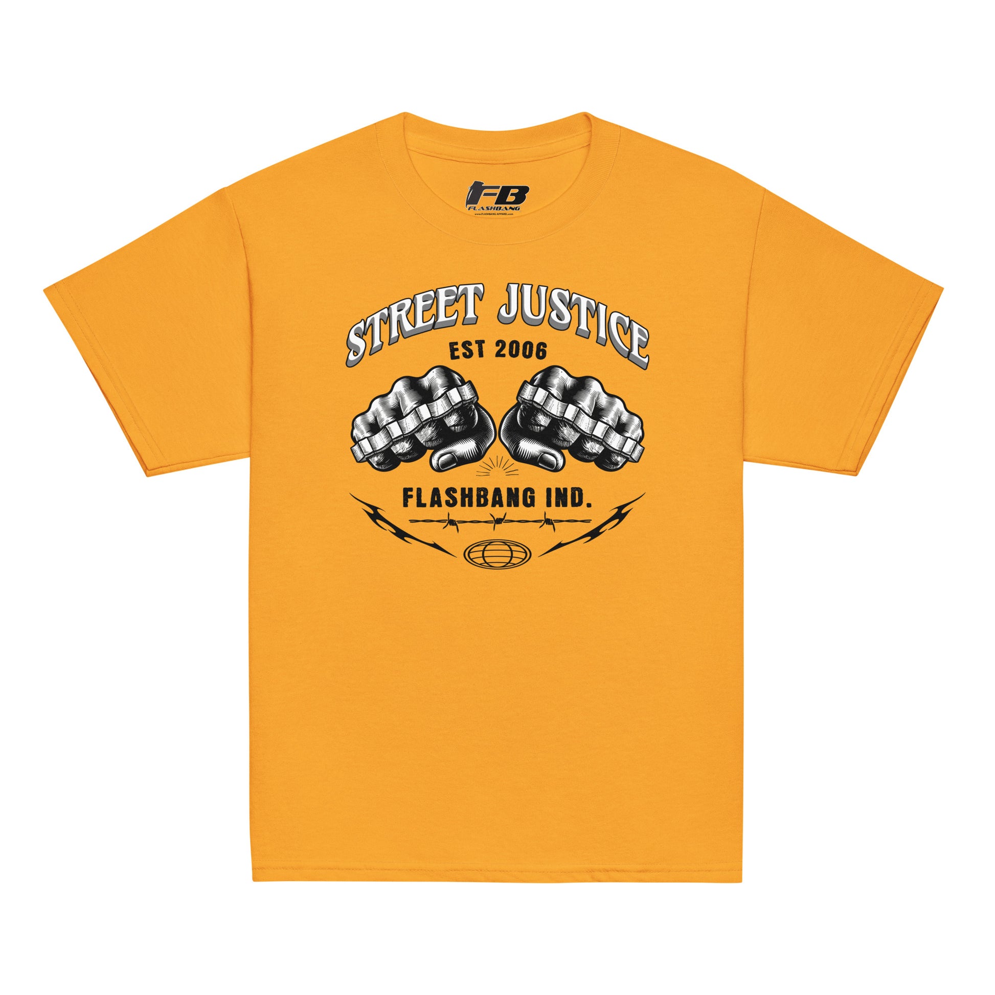 Orange t-shirt with 'Street Justice' graphic design on a white background