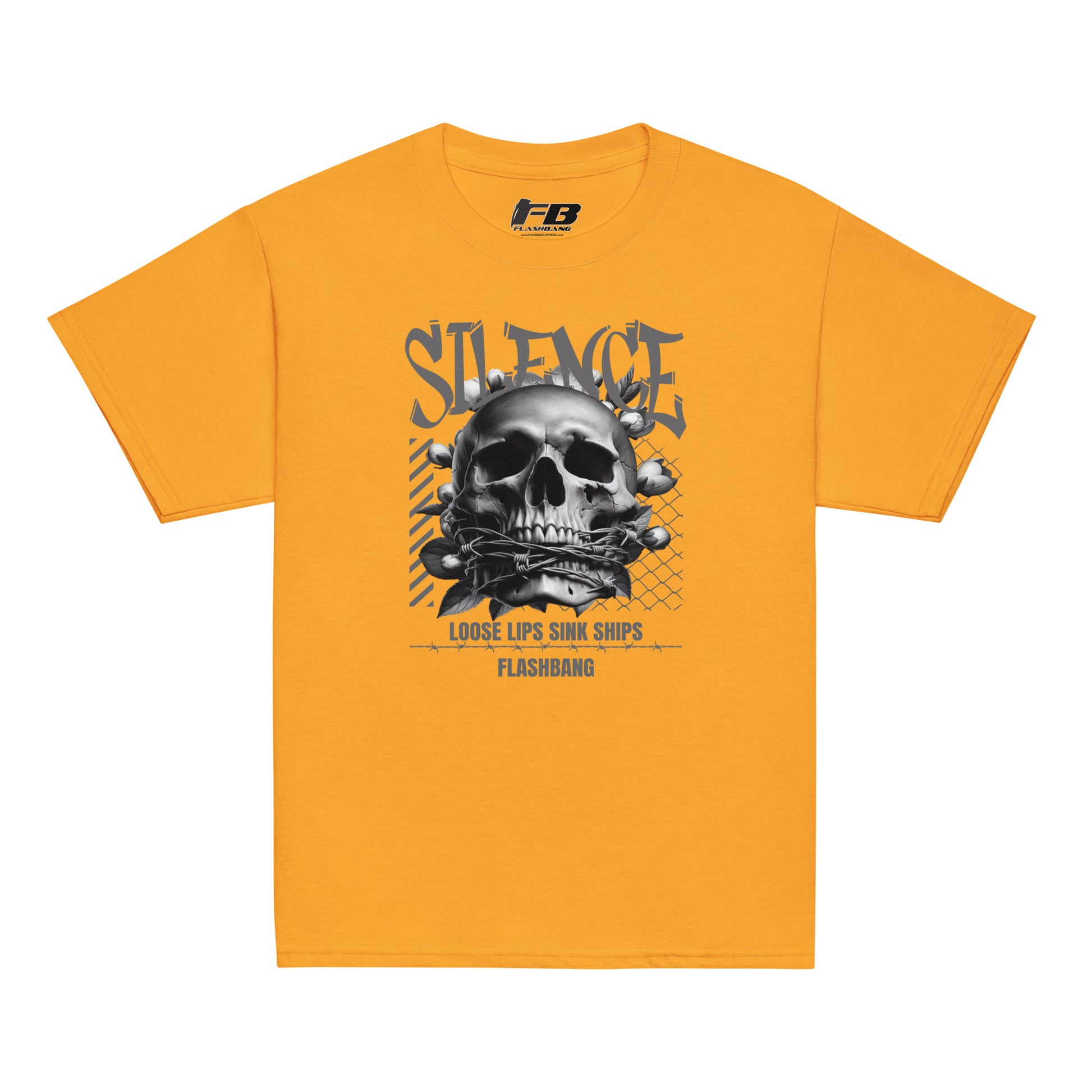 Orange t-shirt with a graphic design of a skull and text on a white background