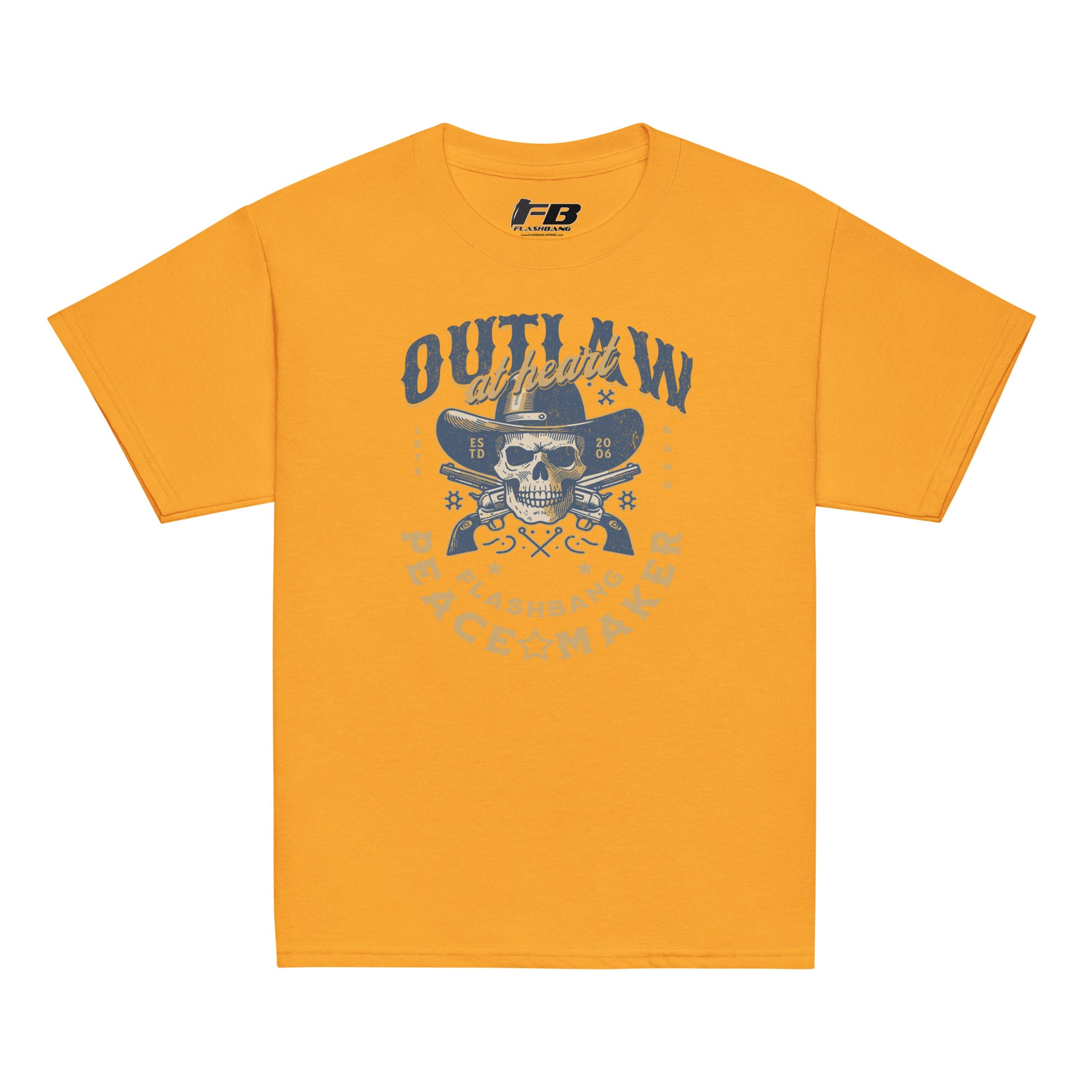 Yellow t-shirt with skull and crossbones design on a white background