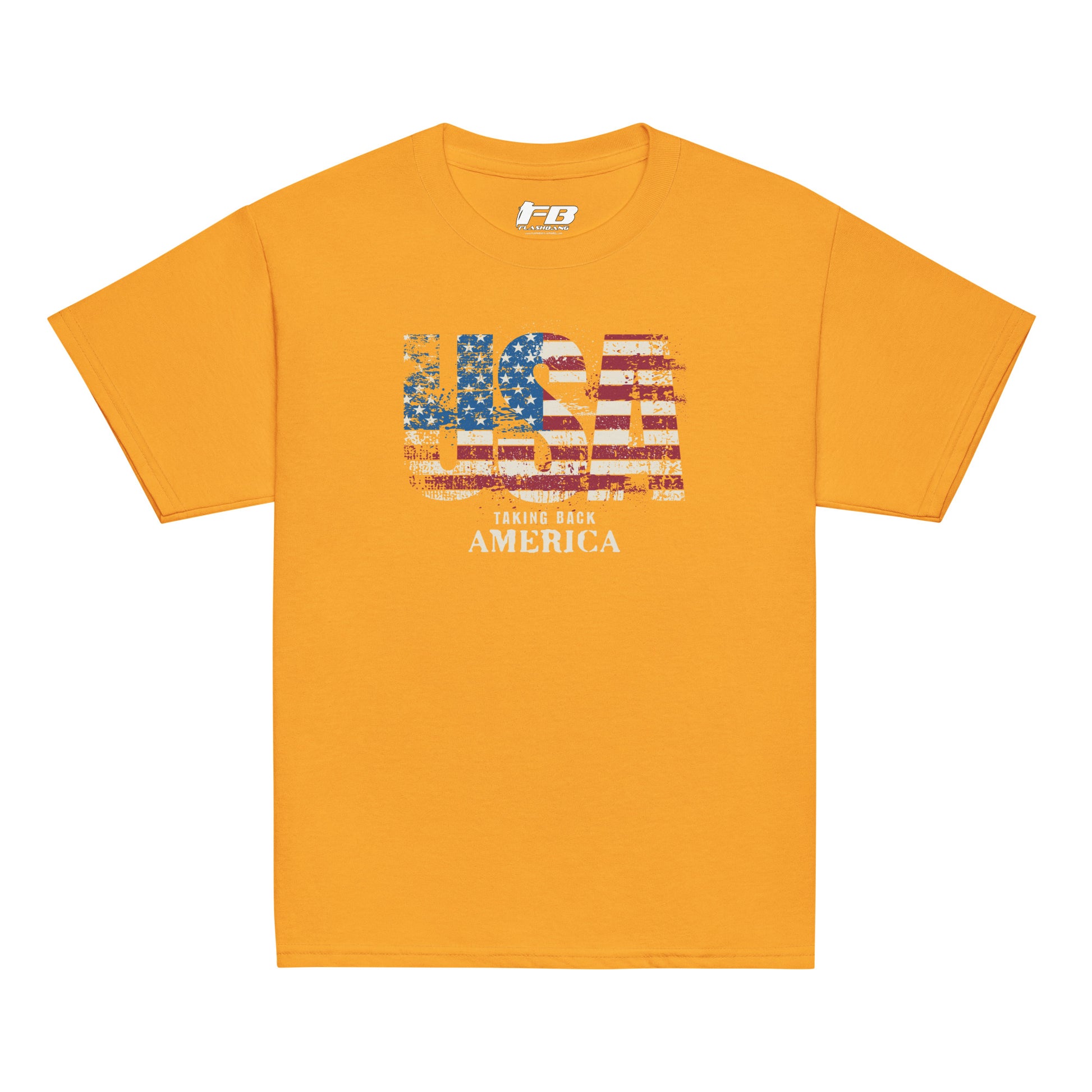 Yellow t-shirt with USA graphic design on a white background