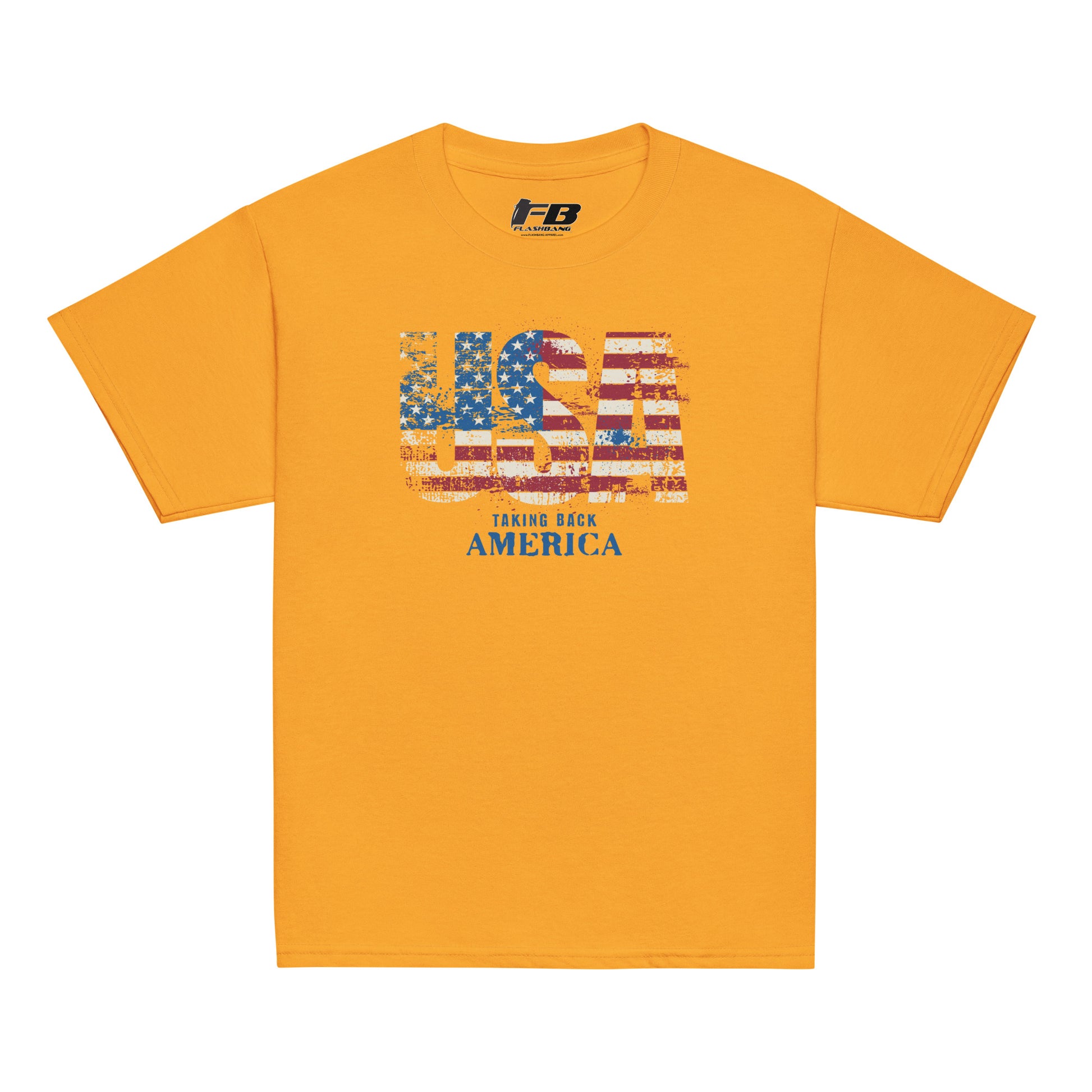 Yellow t-shirt with USA graphic design on a white background