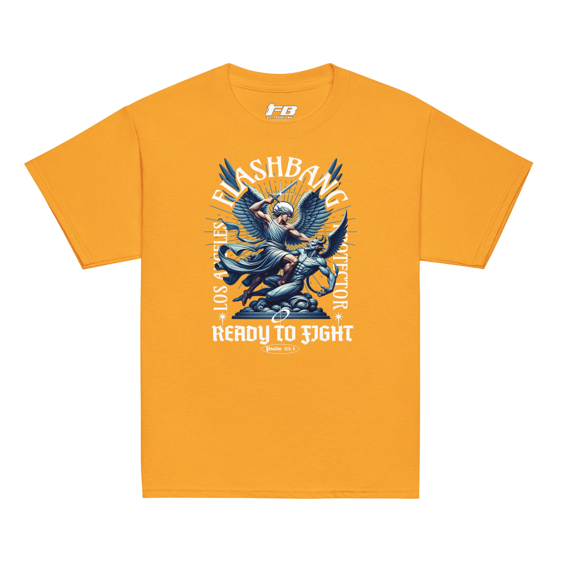 Yellow t-shirt with graphic design featuring an angel and text on a white background
