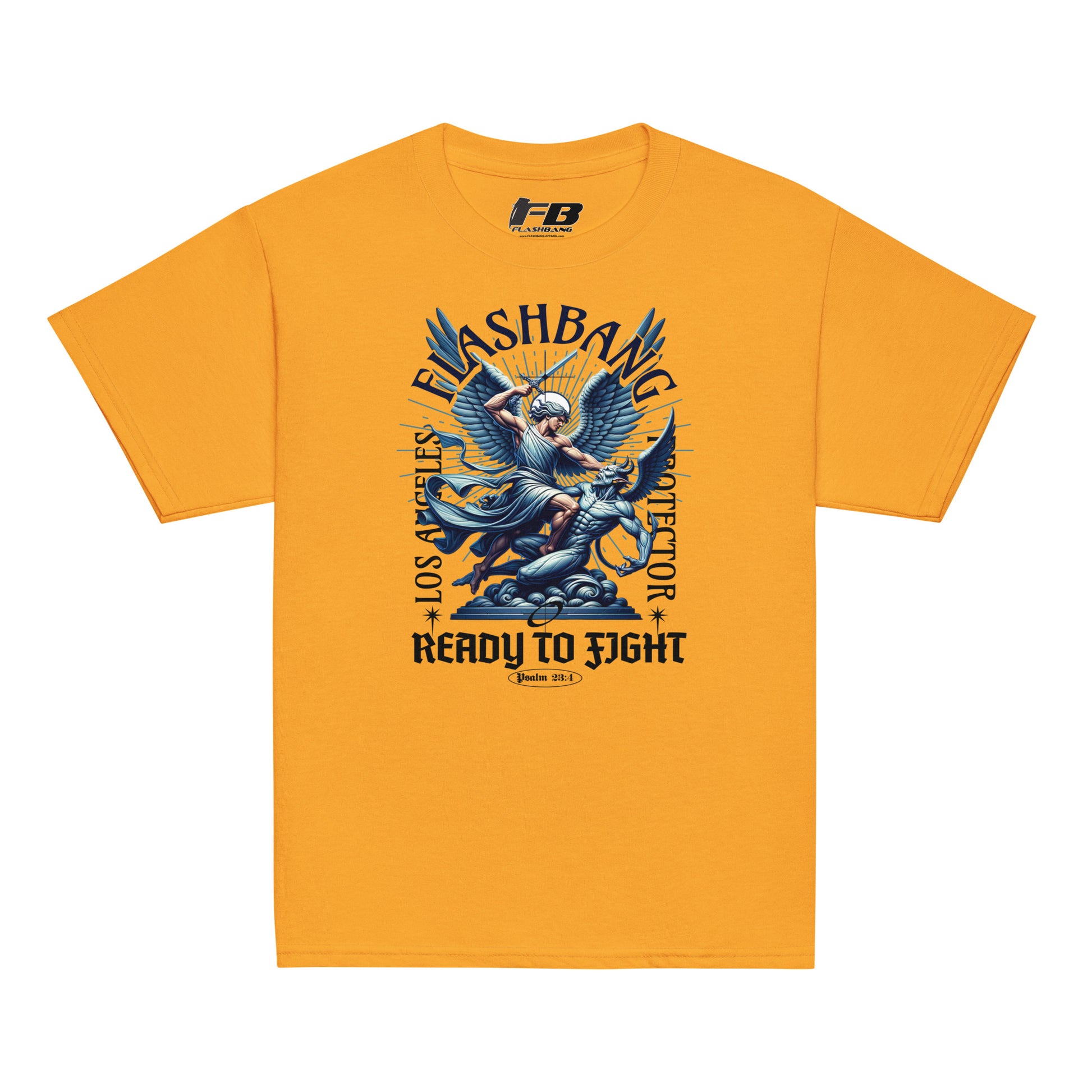 Yellow t-shirt with graphic design and text on a white background