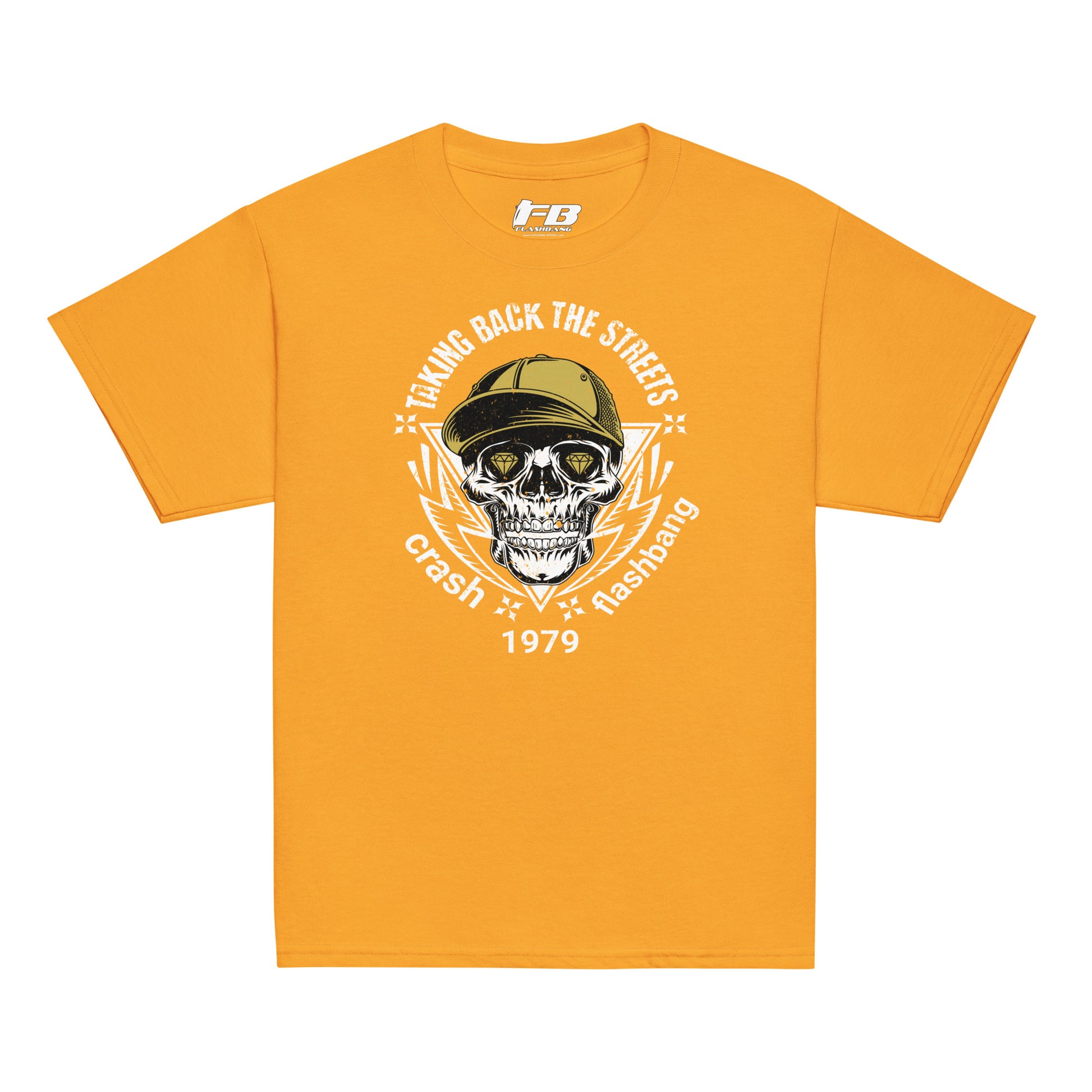 Orange t-shirt with skull graphic and text on a white background