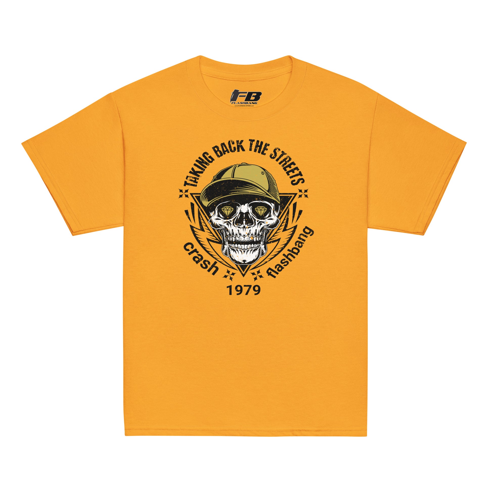 Yellow t-shirt with skull graphic and text on a white background