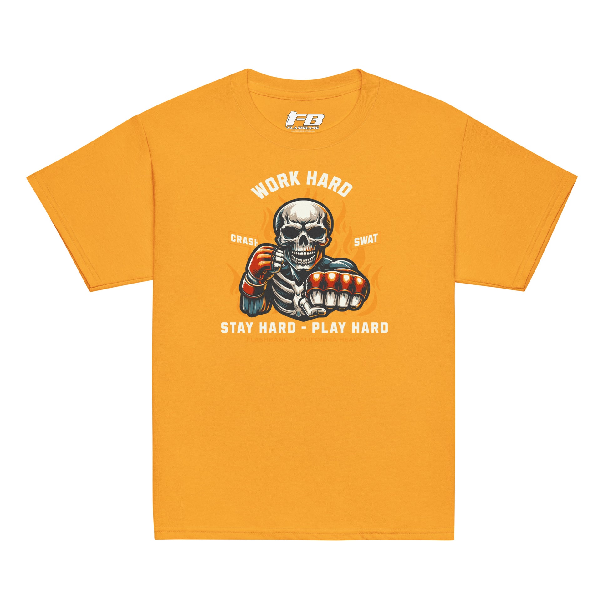 Orange t-shirt with a graphic design featuring a skeleton and text on a white background