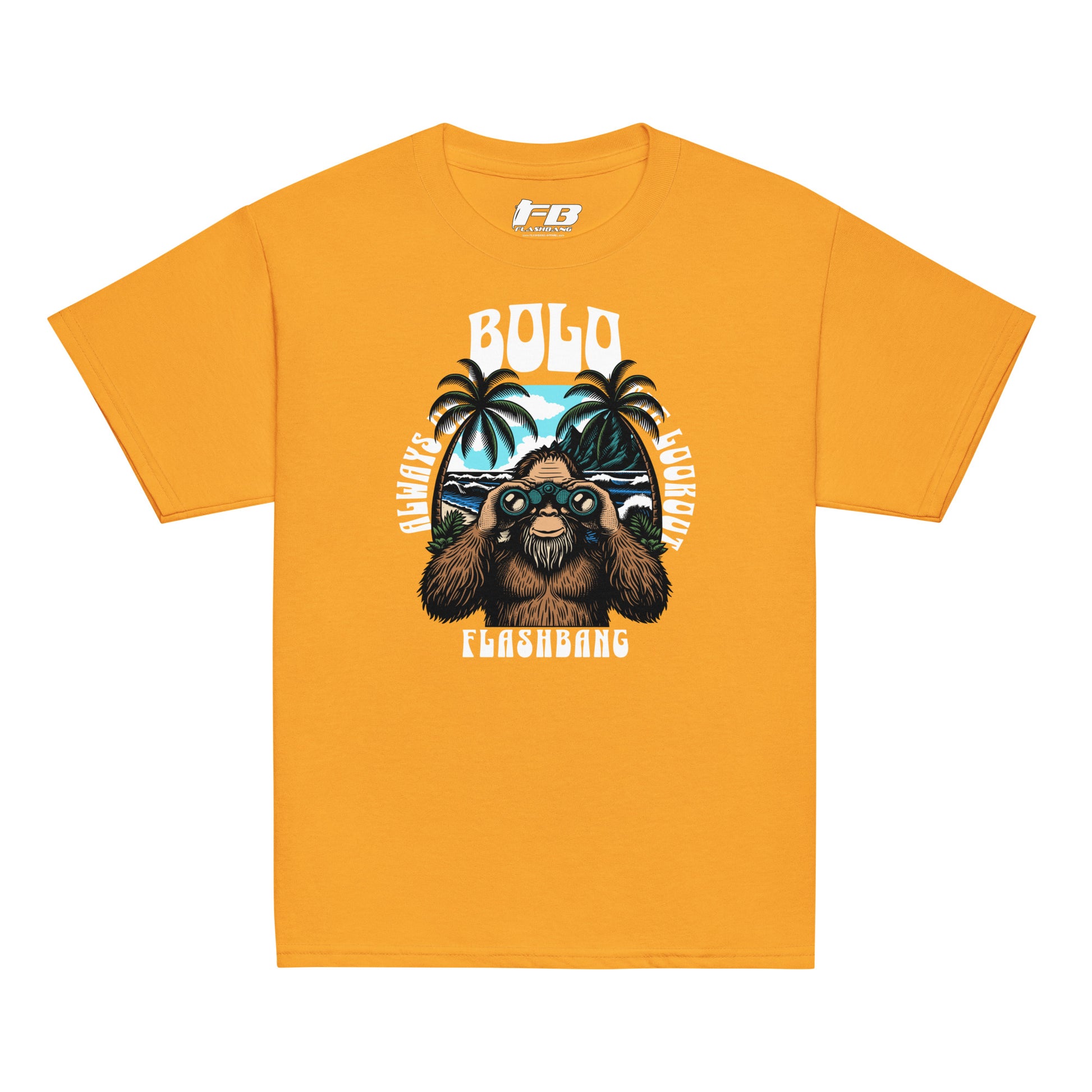 Yellow t-shirt with a graphic design of a sloth, palm trees, and text on a white background