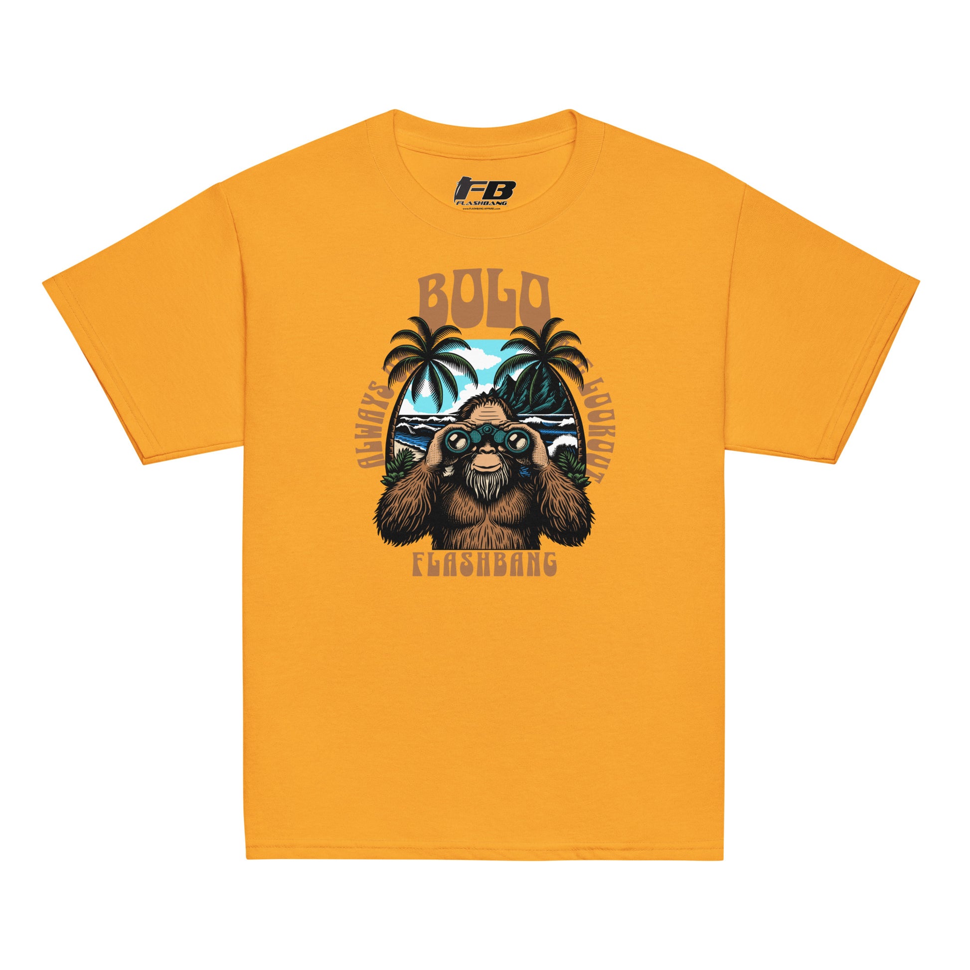 Yellow t-shirt with a graphic design of a sloth, palm trees, and text on a white background.