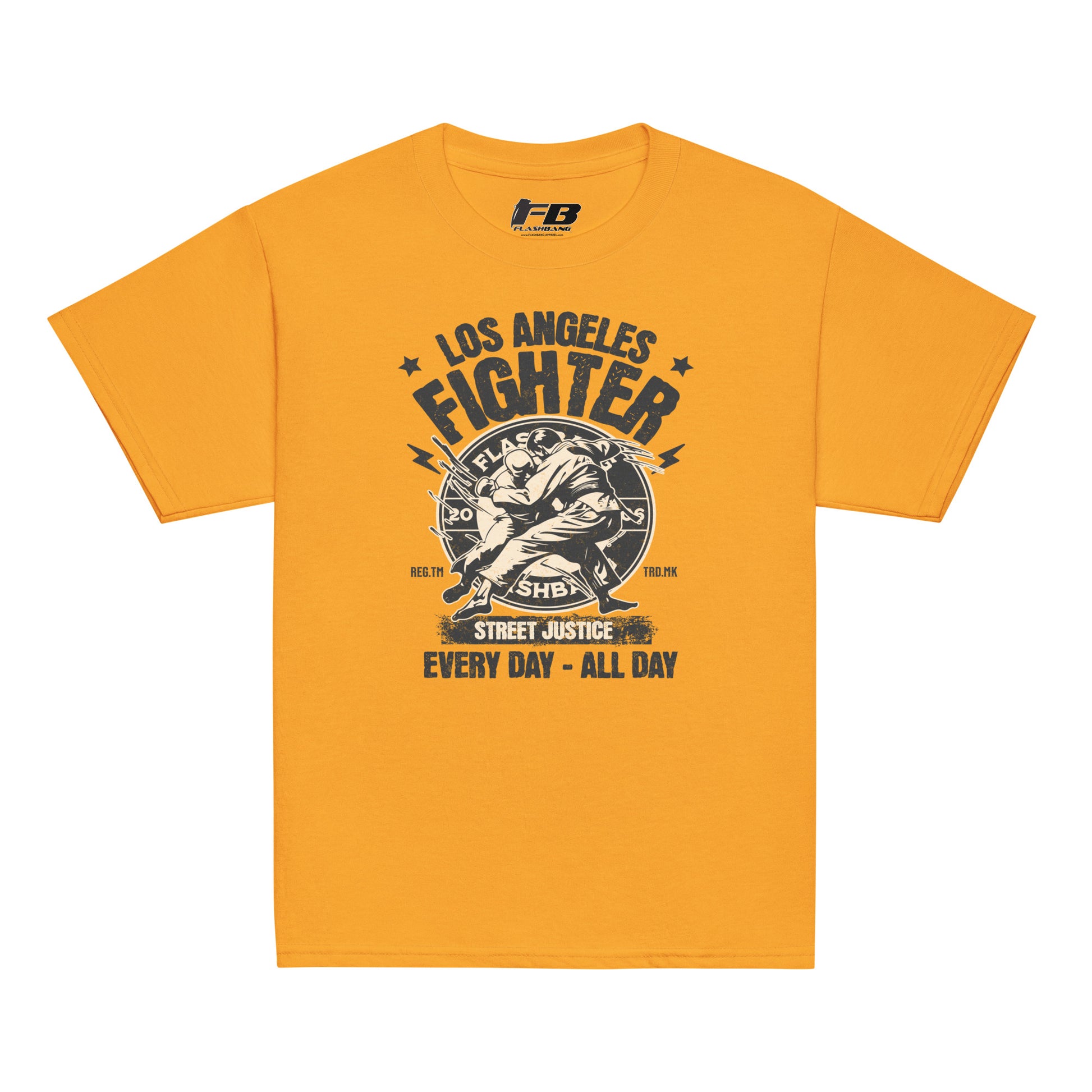 Yellow t-shirt with 'Los Angeles Fighter' graphic design on a white background