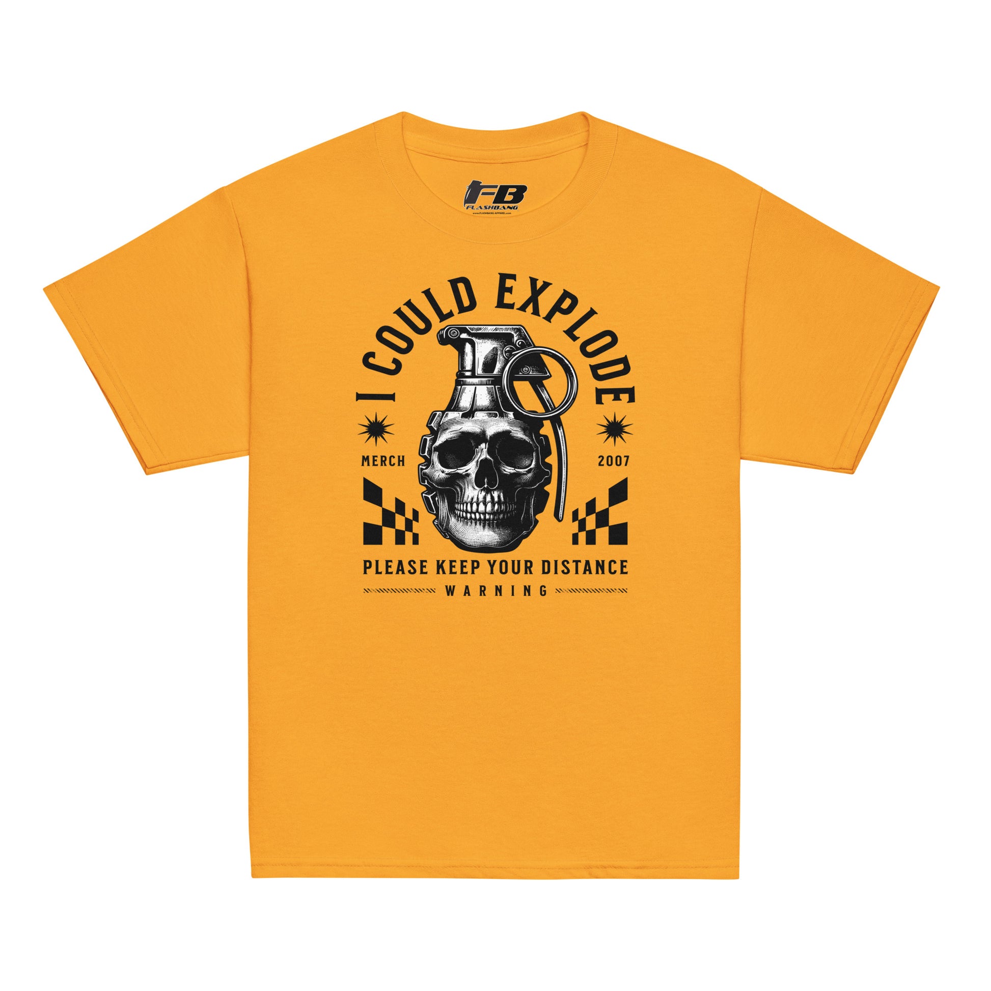 Yellow t-shirt with graphic design featuring a skull and grenade on a white background