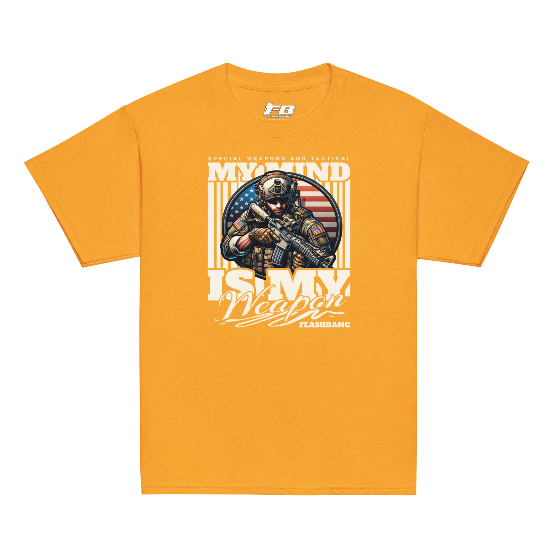 Orange t-shirt with graphic design featuring a soldier and text on a white background