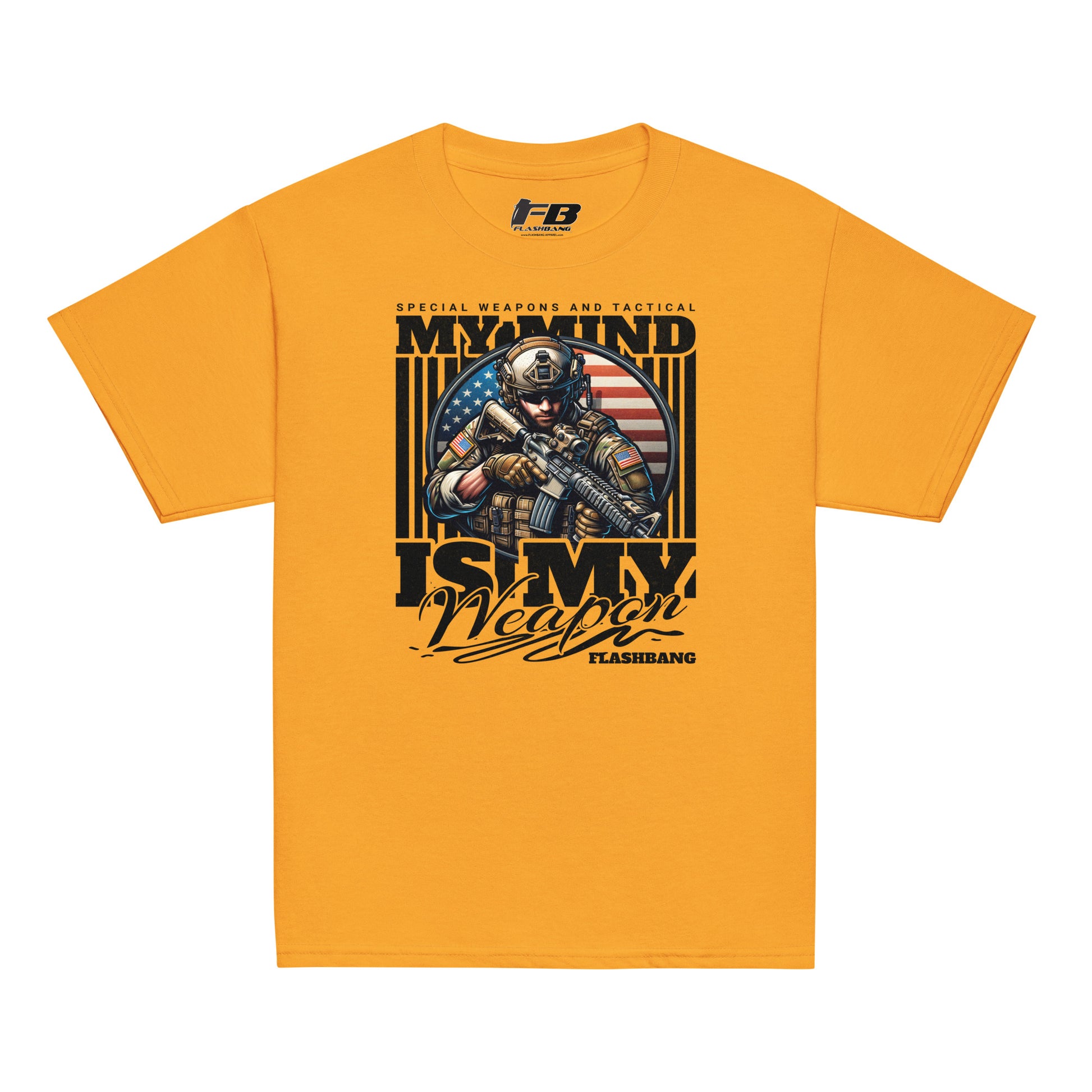 Yellow t-shirt with graphic design featuring a soldier and text on a white background
