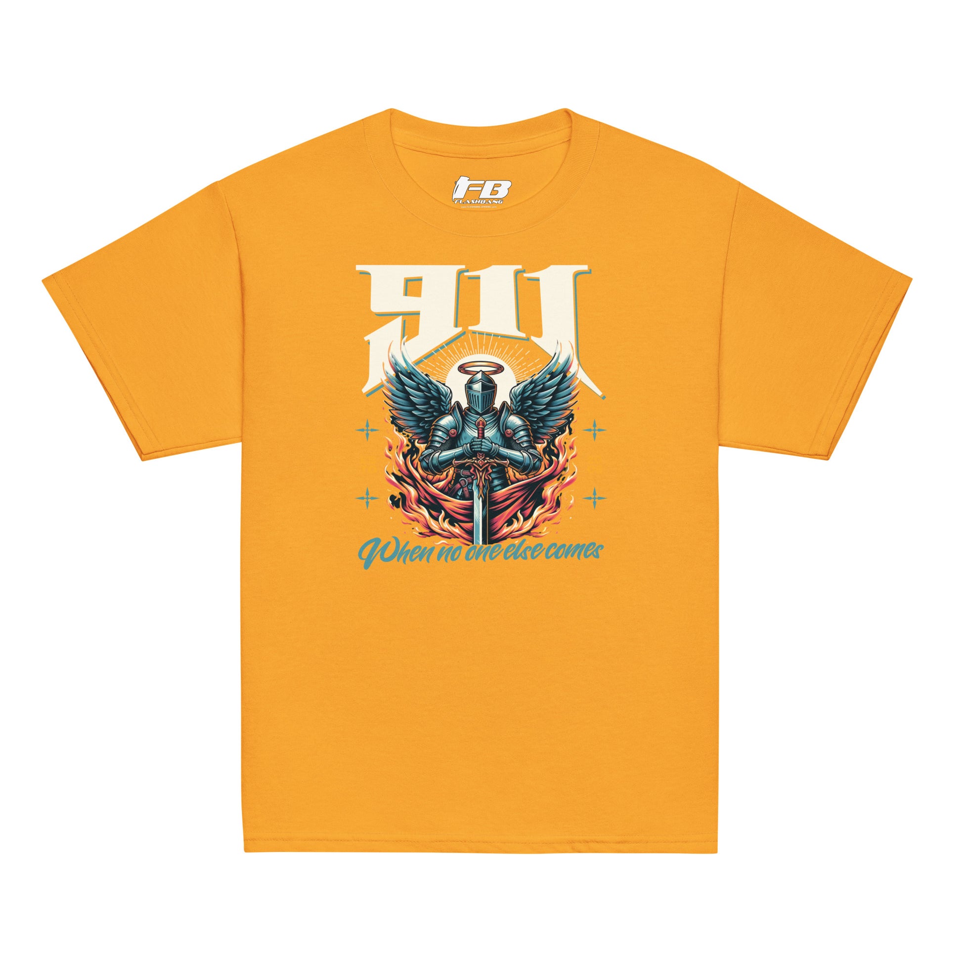 Yellow t-shirt with graphic design and text on a white background