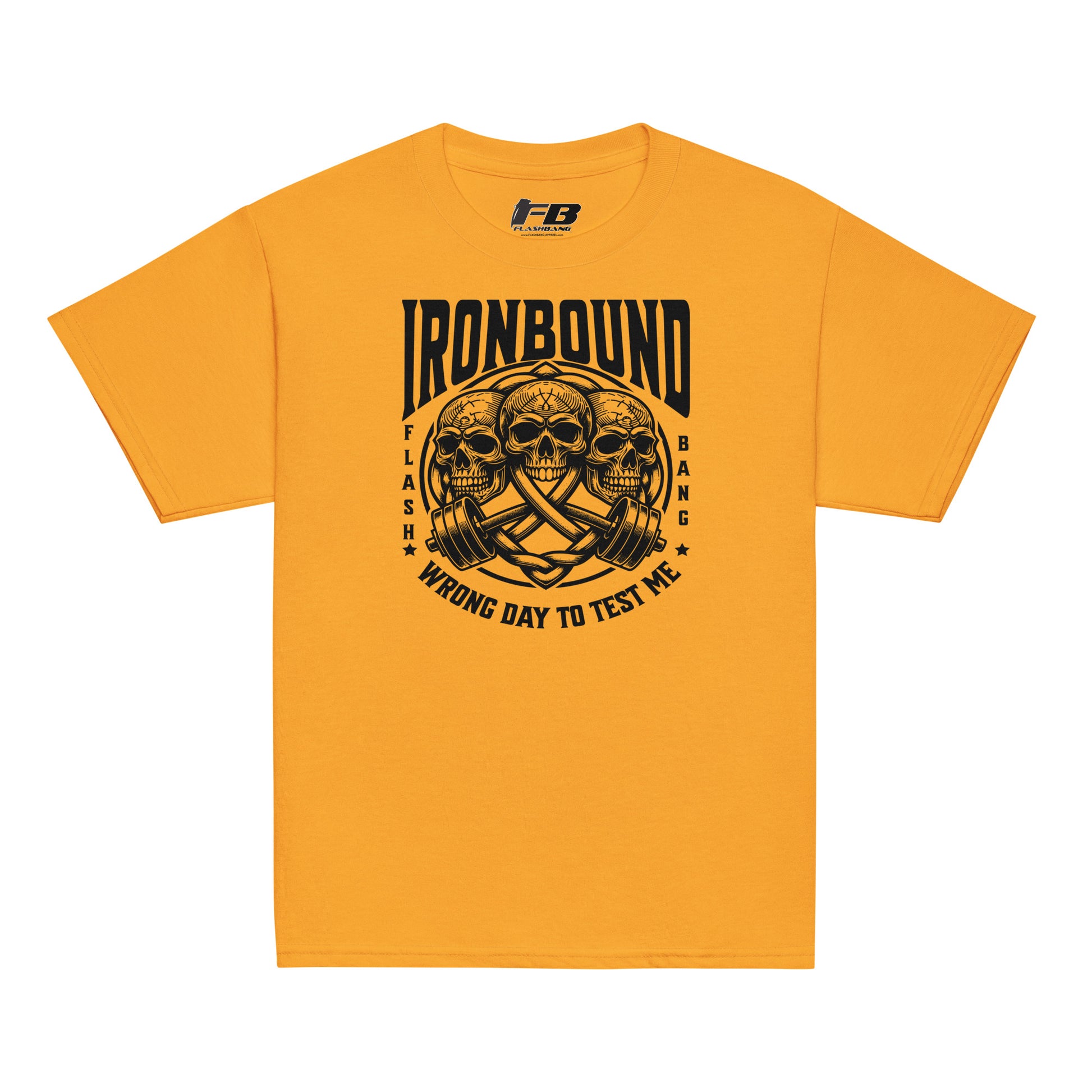 Yellow t-shirt with black graphic design and text on a white background