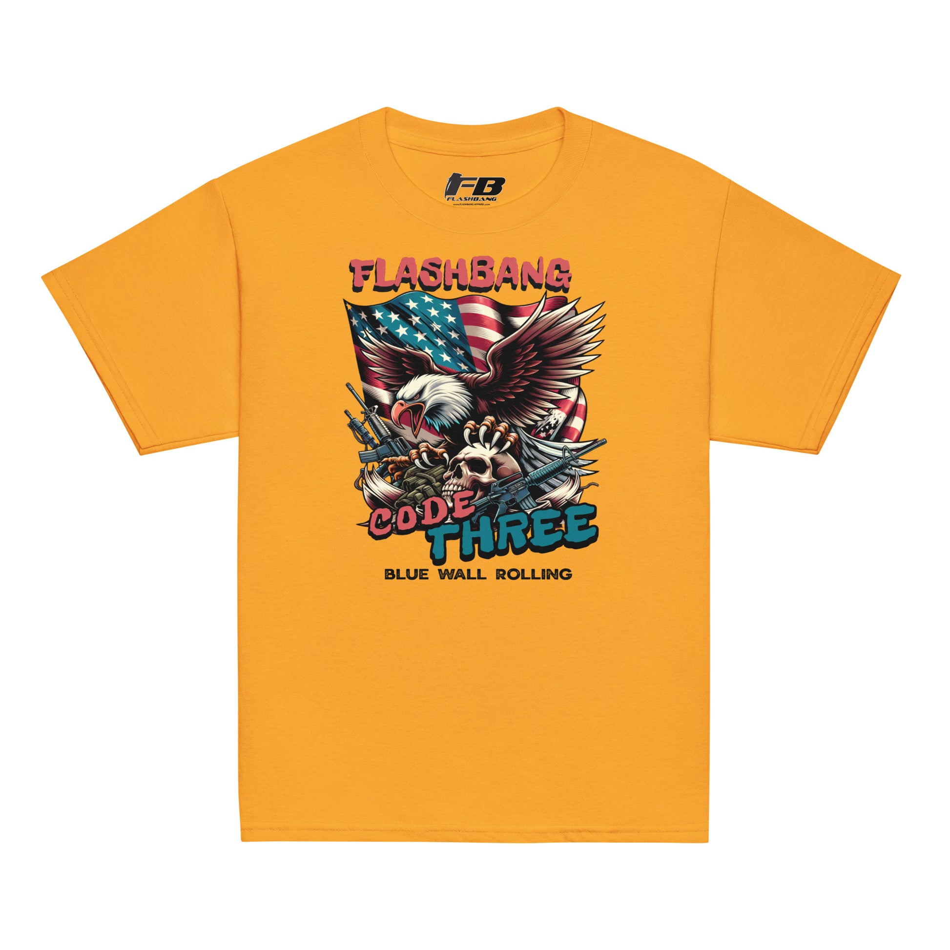 Yellow t-shirt with graphic design featuring an eagle, American flag, and text on a white background