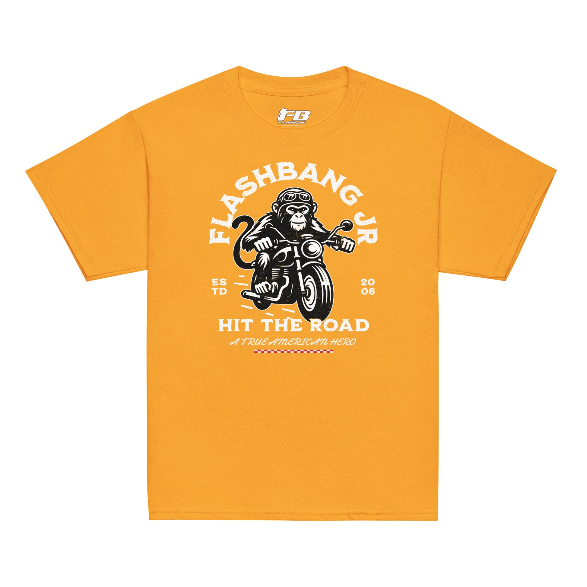 Orange t-shirt with graphic design and text on a white background