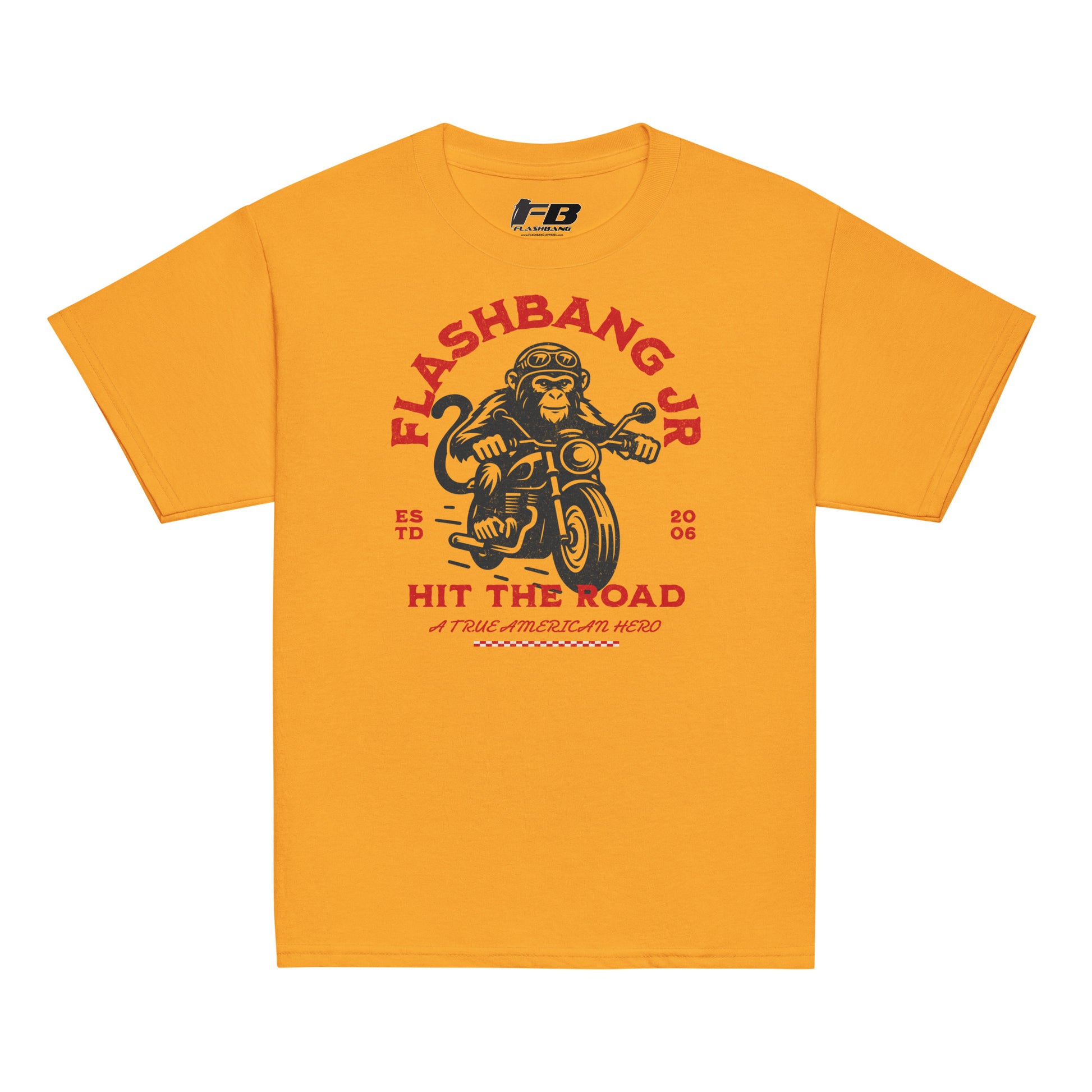 Yellow t-shirt with monkey on a motorcycle graphic and 'Flashbang Jr' text on a white background
