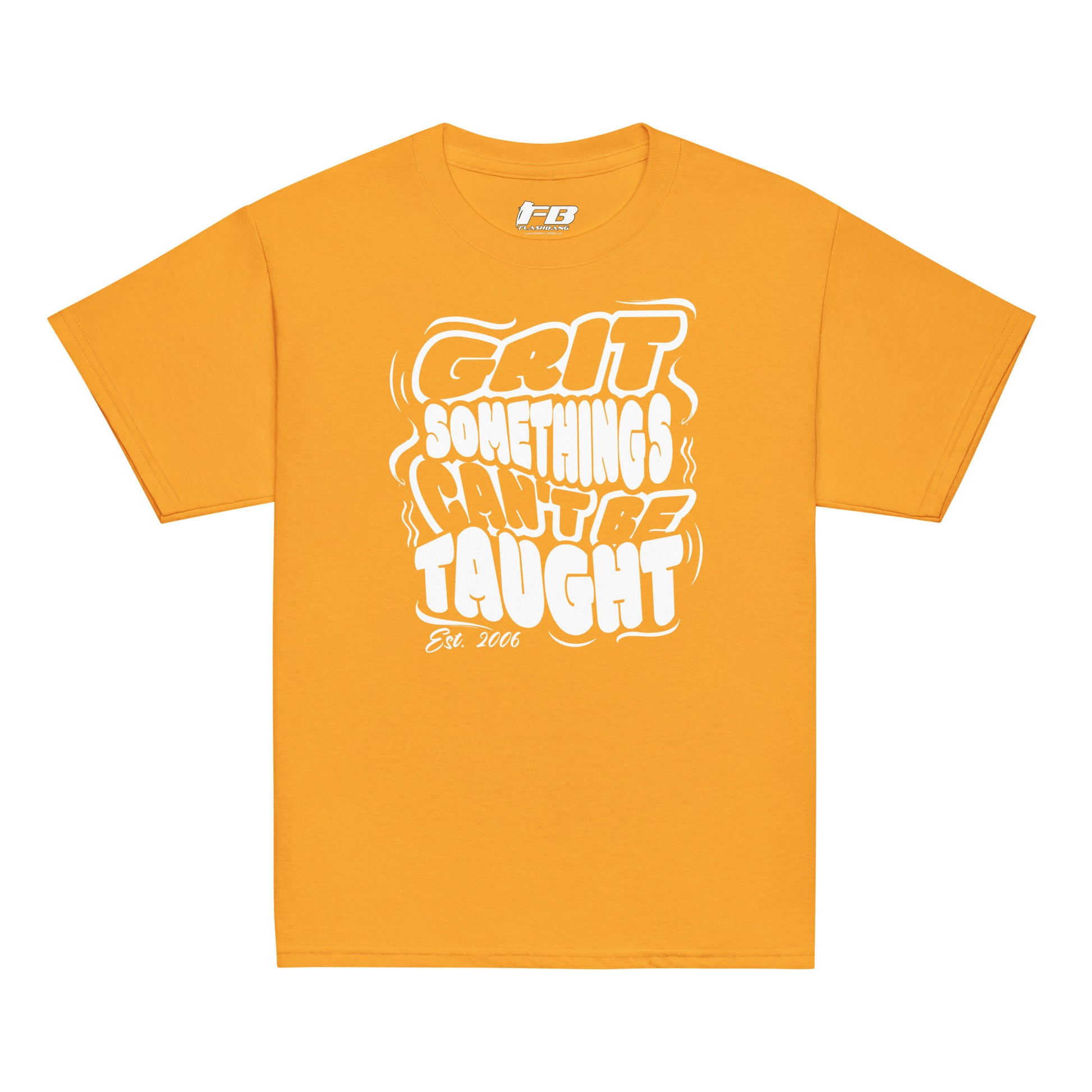 Yellow t-shirt with white text on a white background