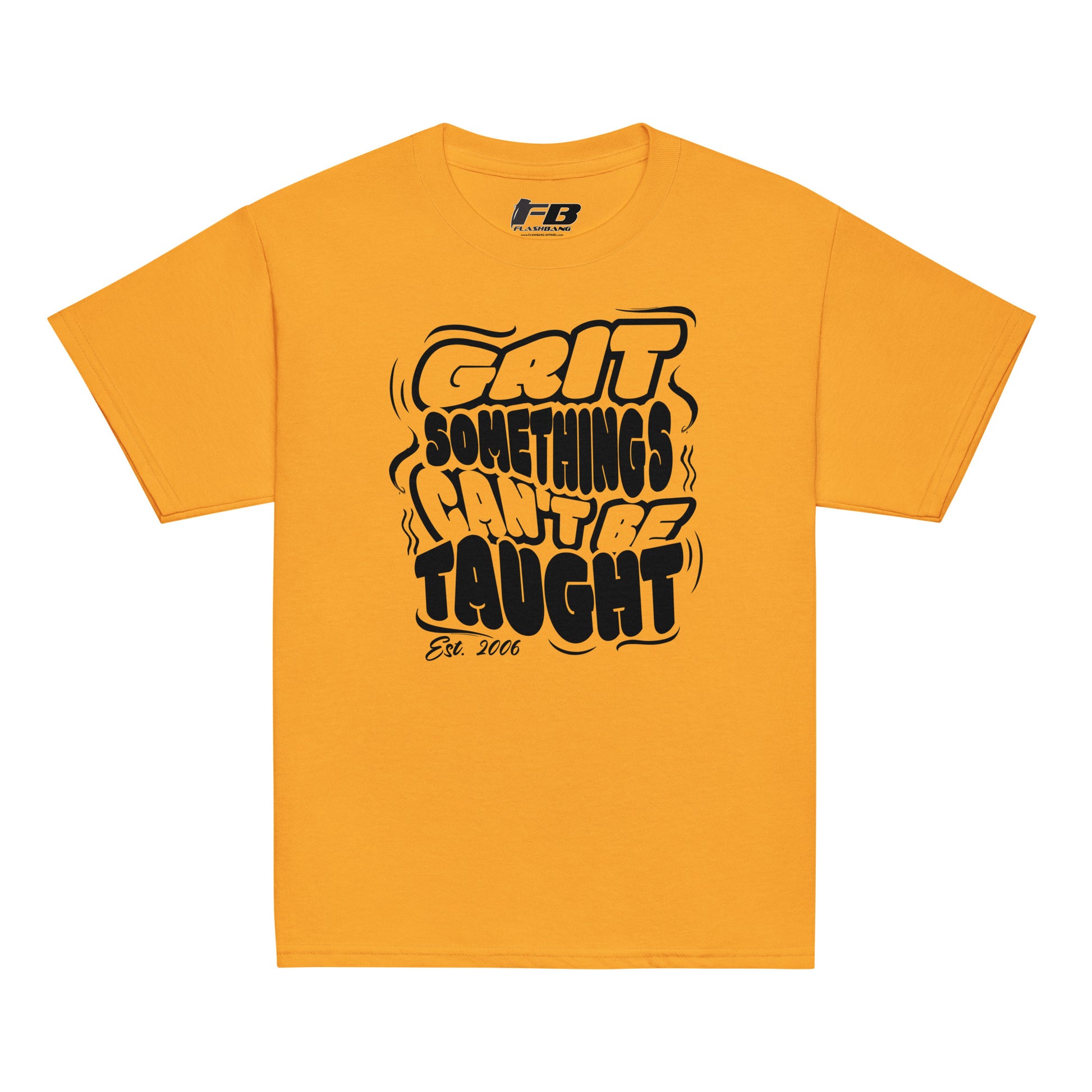 Yellow t-shirt with black text and logo on a white background