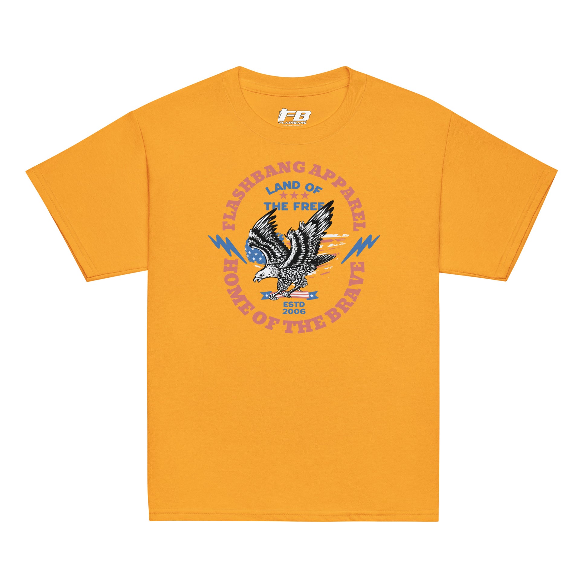 Orange t-shirt with an eagle graphic and text on a white background