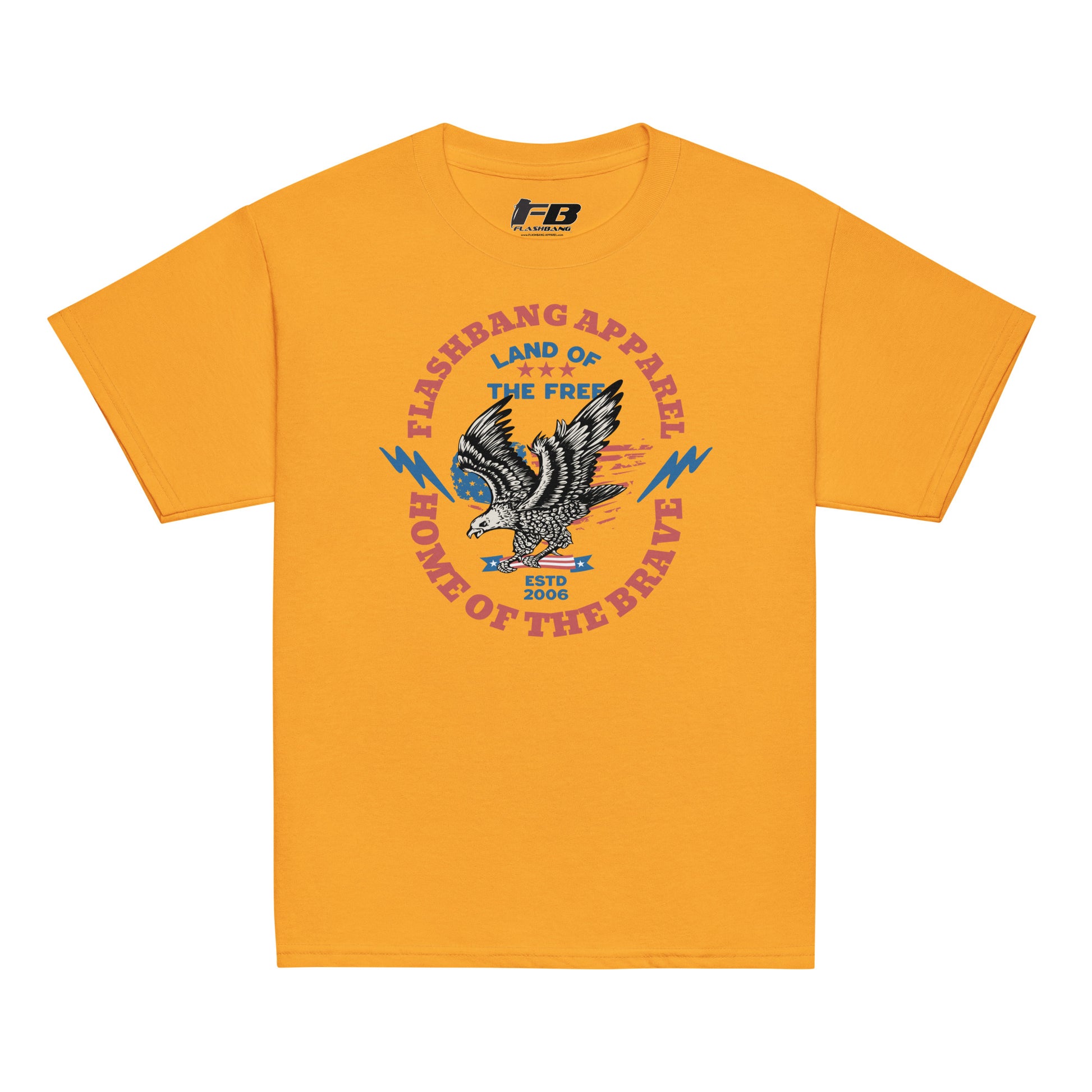 Yellow t-shirt with eagle graphic and text on a white background