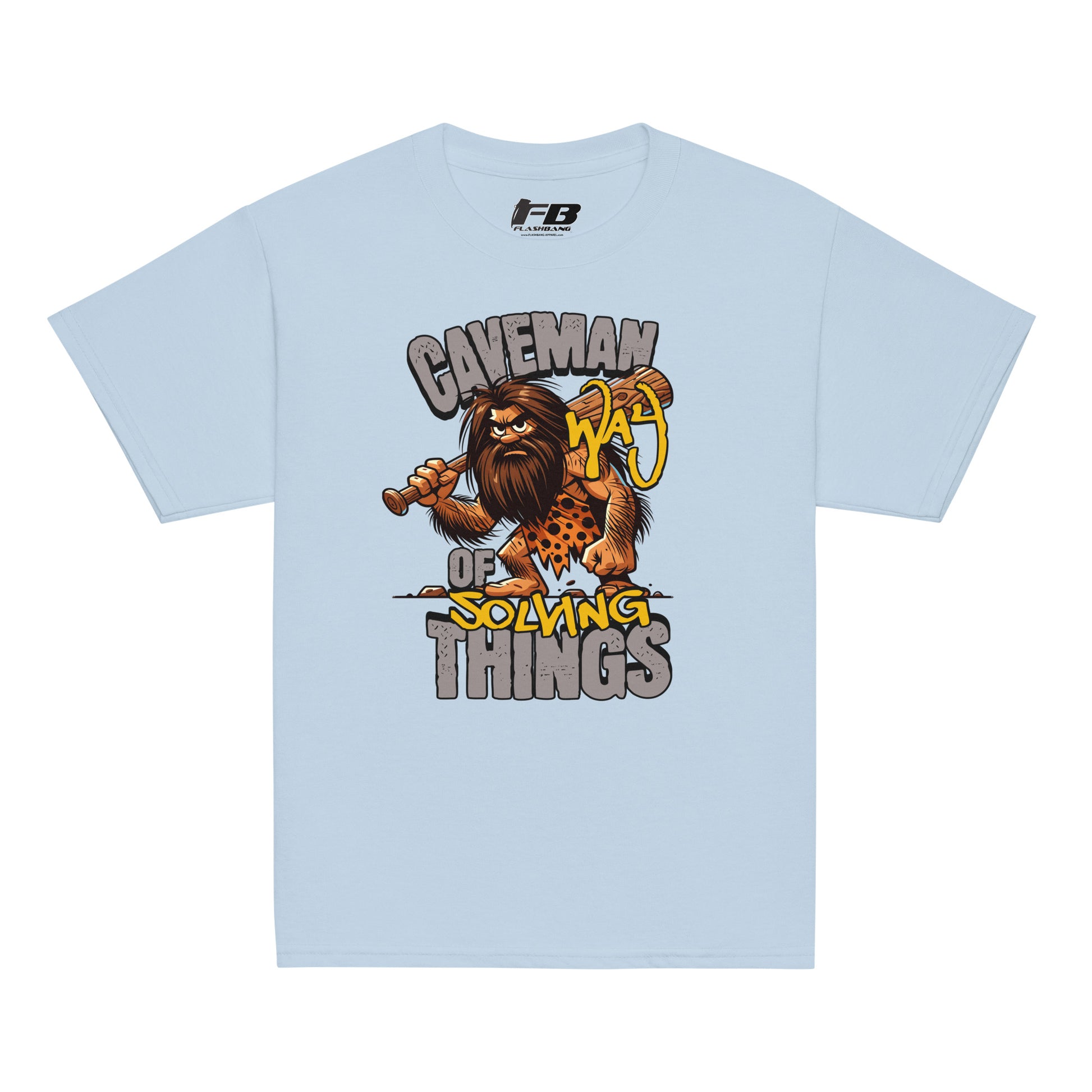 Light blue t-shirt with a cartoon caveman design and text on a white background