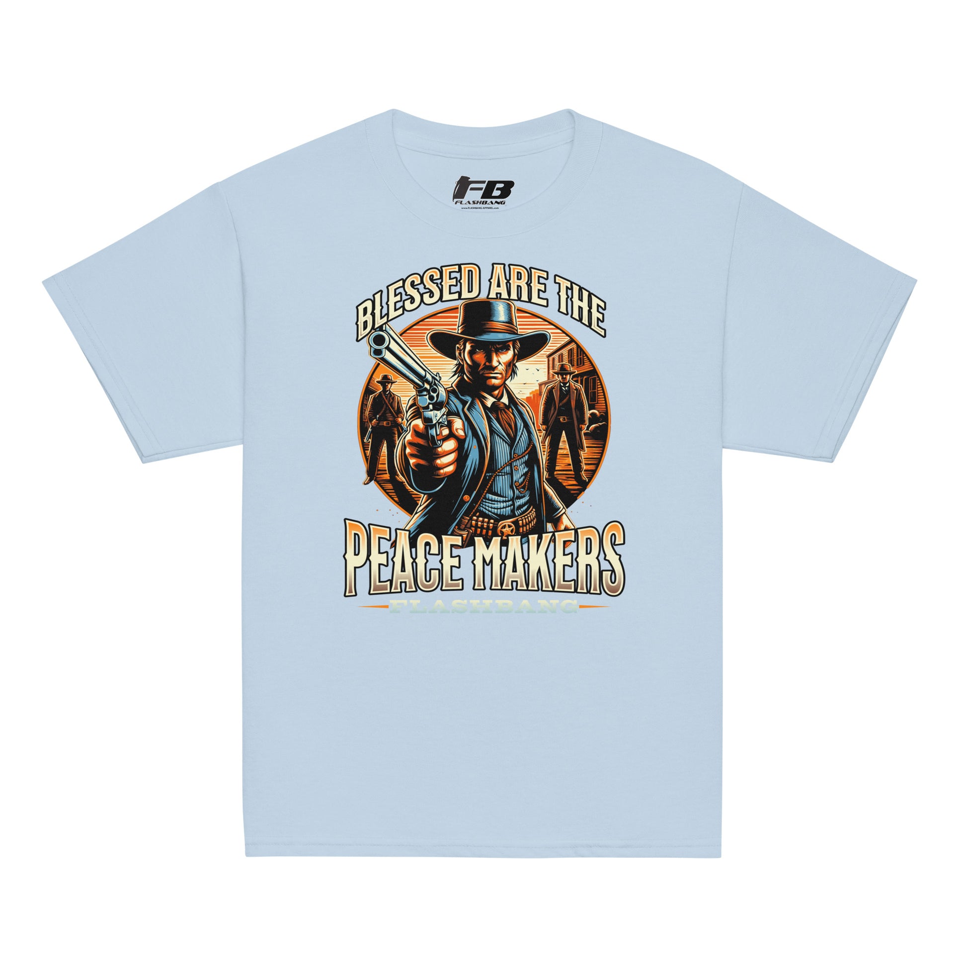 Light blue t-shirt with a graphic design of a cowboy holding a gun and text 'Blessed are the Peacemakers' on a white background.