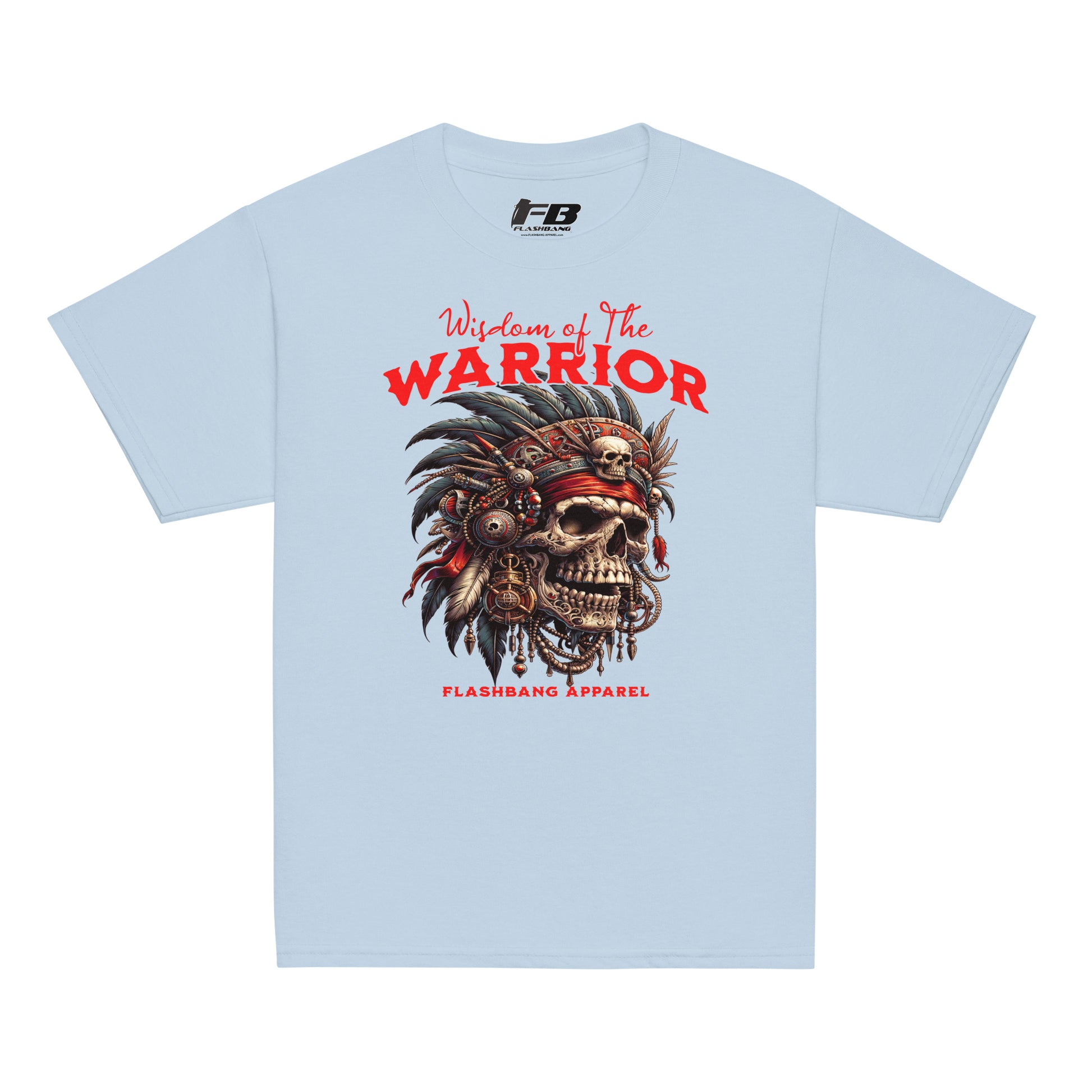Light blue t-shirt with warrior-themed design and 'Flashbang Apparel' branding.