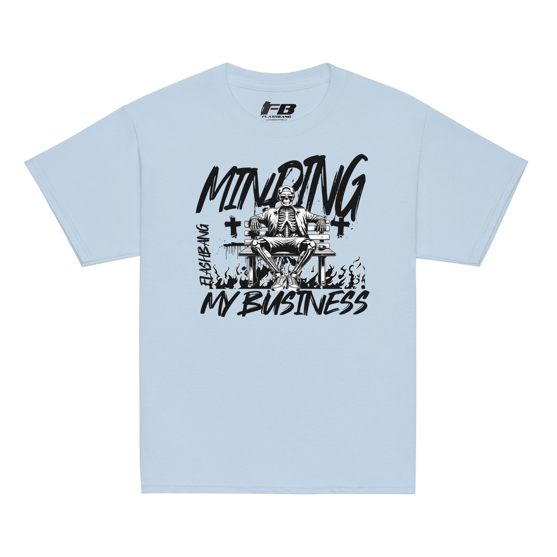 Light blue t-shirt with black graphic design and text on a white background