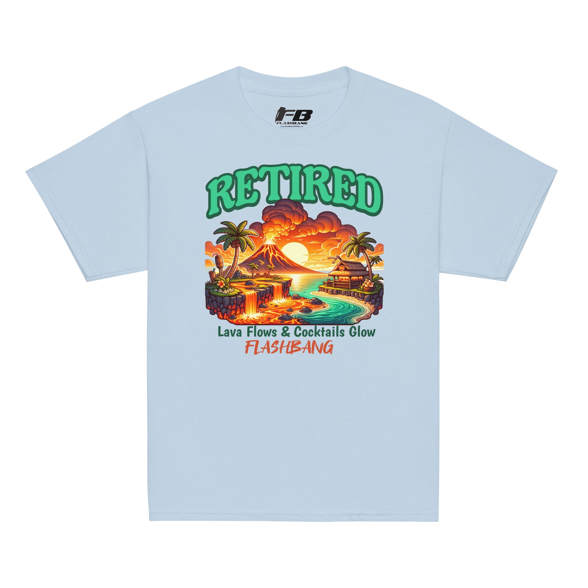 Light blue t-shirt with a graphic design of a volcano, palm trees, and text on a white background.