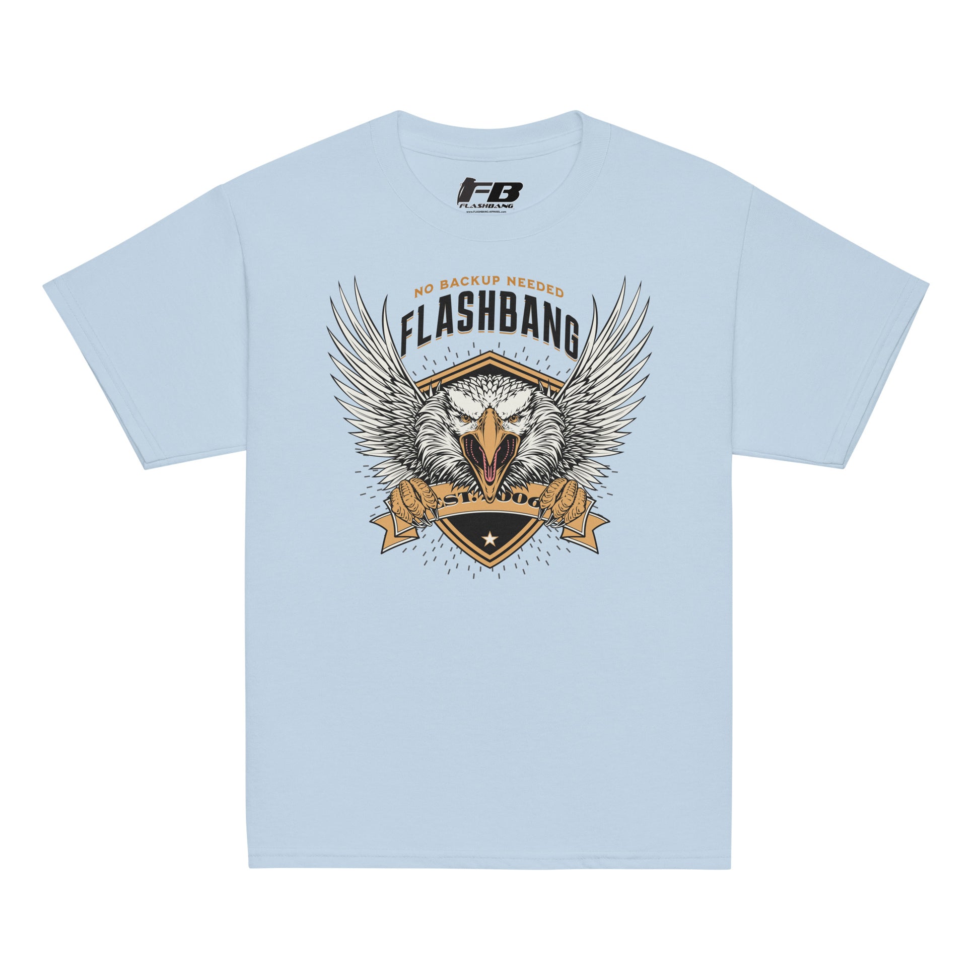 Light blue t-shirt with eagle graphic and 'Flashbang' text on a white background