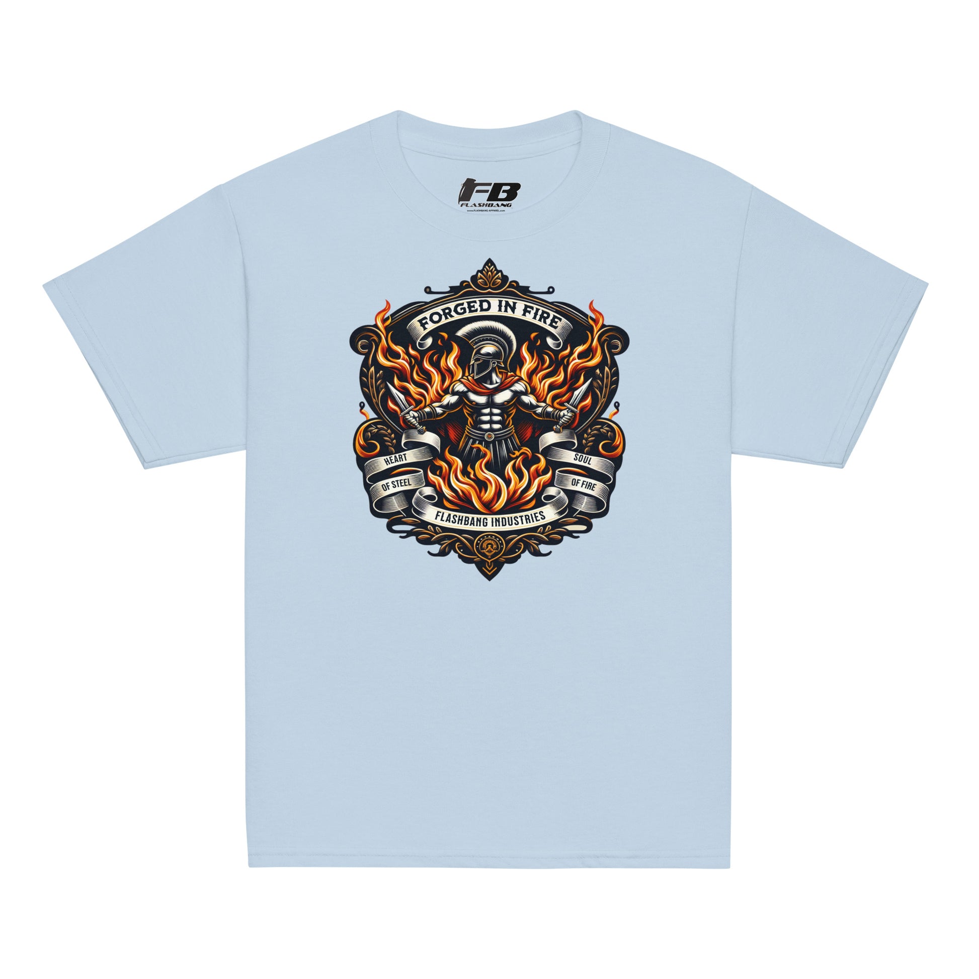 Light blue t-shirt with a graphic design on the chest against a white background