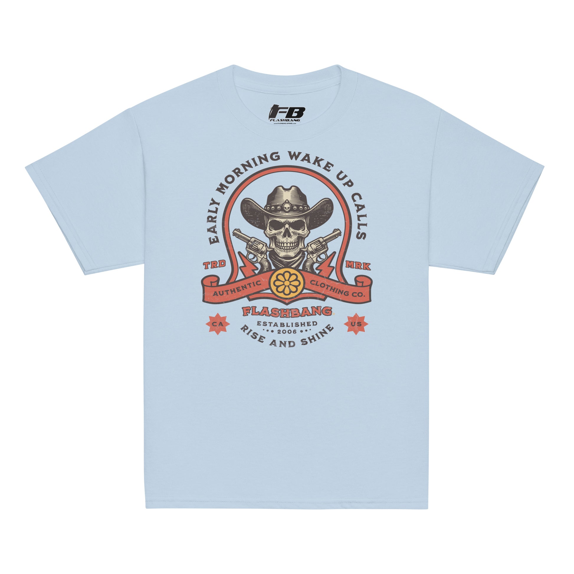Light blue t-shirt with a graphic design featuring a skull, cowboy hat, and text on a white background.