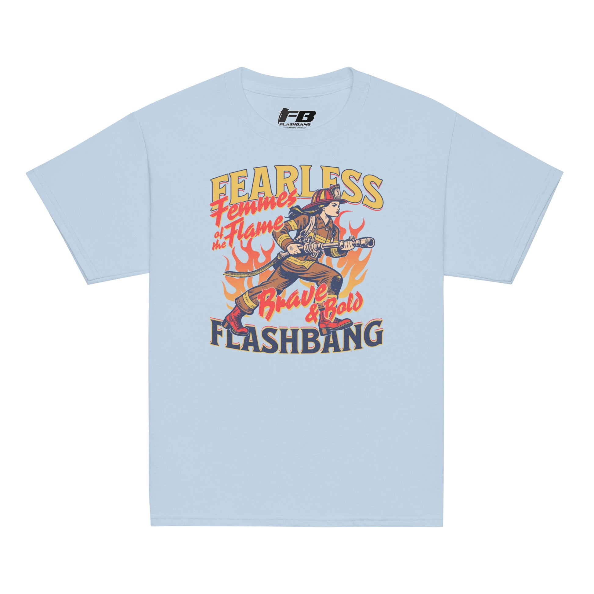 Light blue t-shirt with graphic design and text on a white background