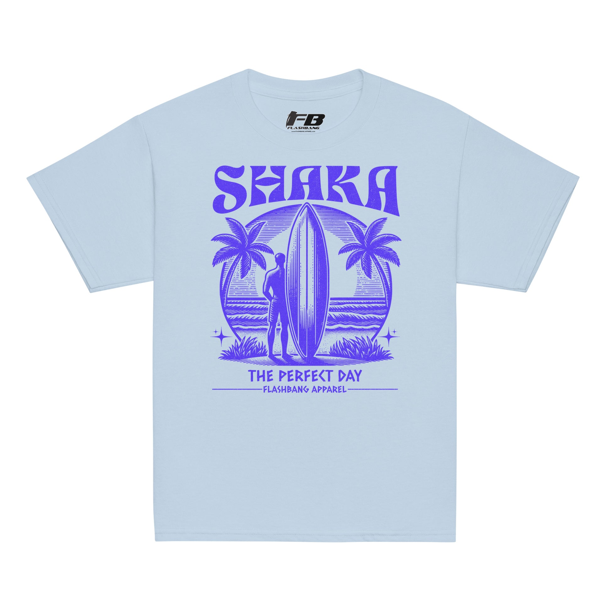 Light blue t-shirt with purple graphic design on a white background