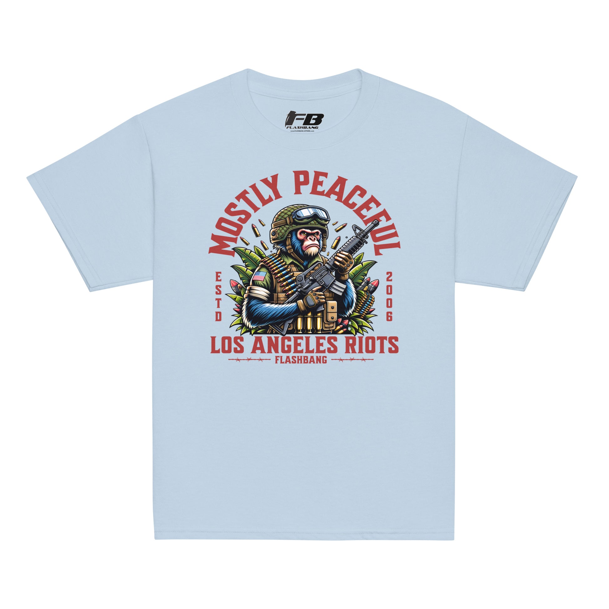 Light blue t-shirt with graphic design and text on a white background