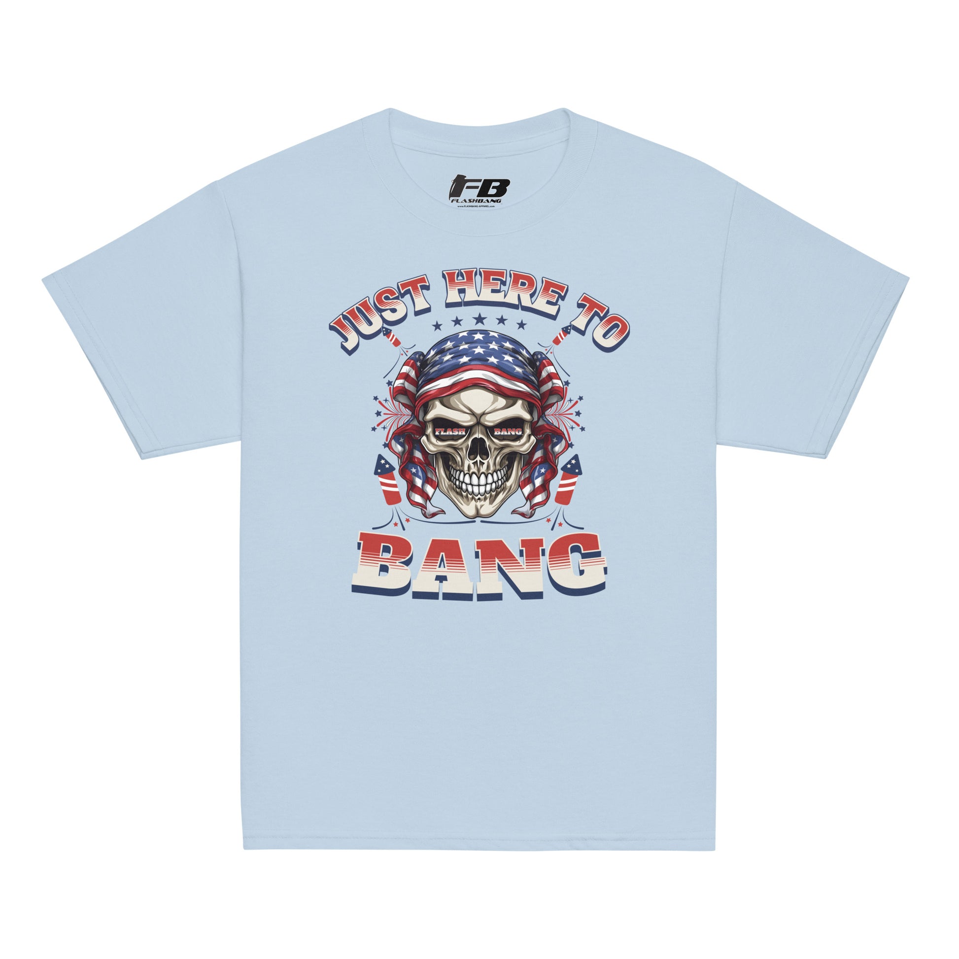 Light blue t-shirt with a skull graphic and text on a white background