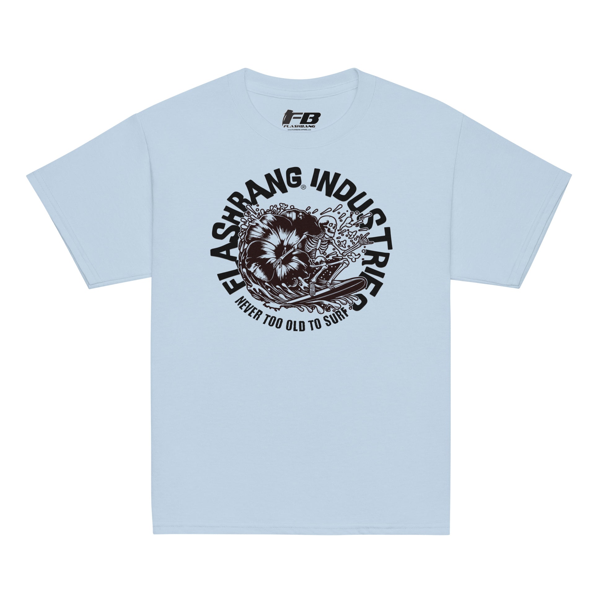 Light blue t-shirt with black graphic design and text on a white background