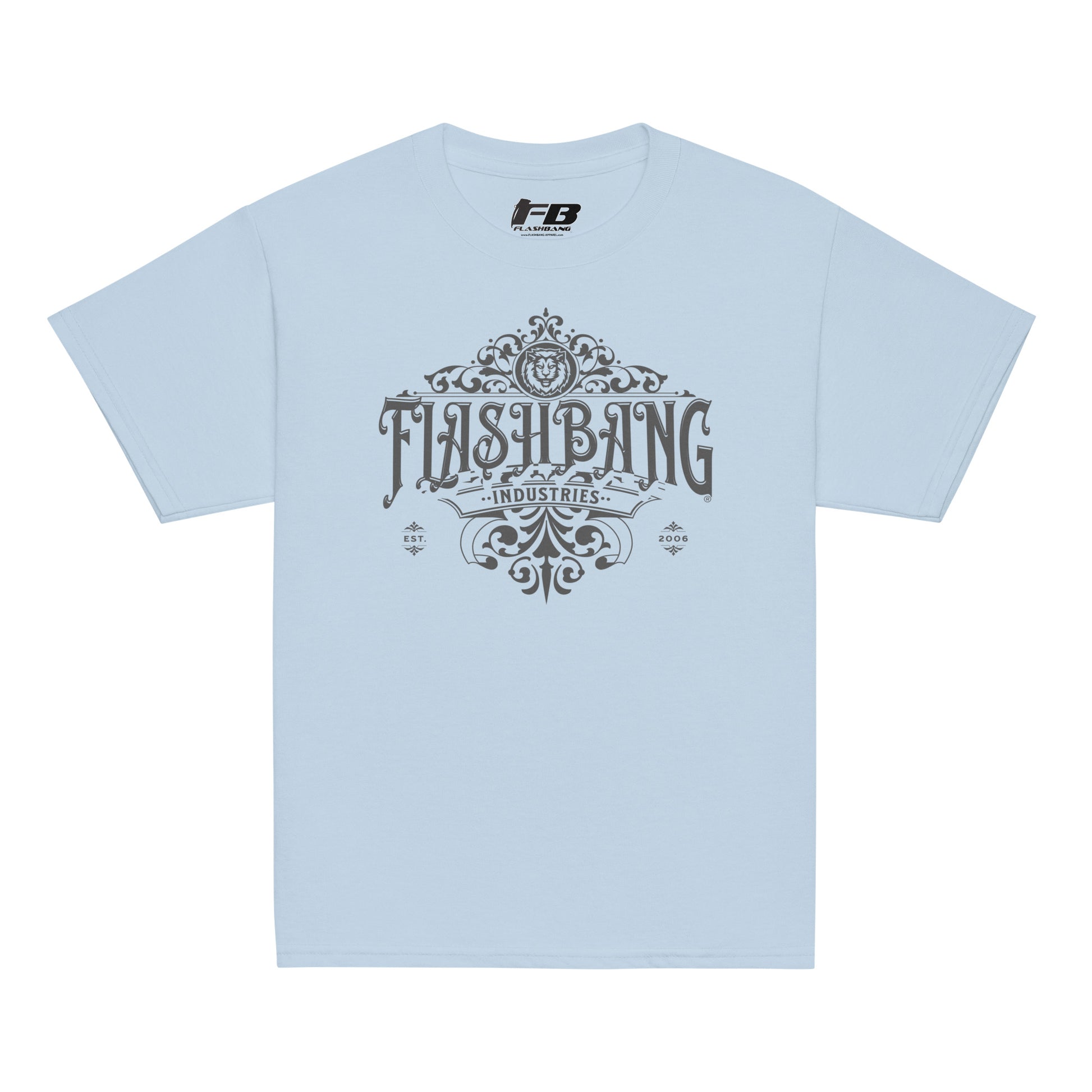 Light blue t-shirt with 'Flashbang Industries' graphic design on a white background