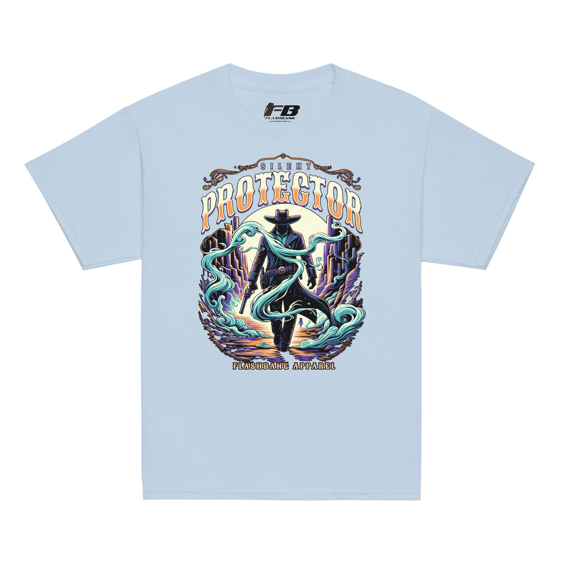 Light blue t-shirt with a graphic design of a cowboy and text on a white background